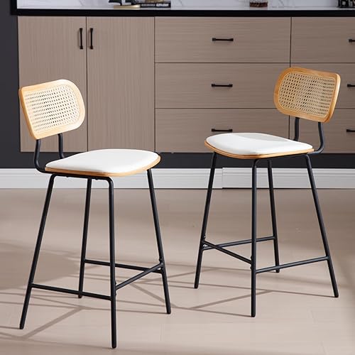 Miniatura 7 de Mid-Century - Juego de 2 taburetes de bar de piel sintética de 26 pulgadas con respaldo de ratán abierto, patas de metal, sillas de bar sin brazos