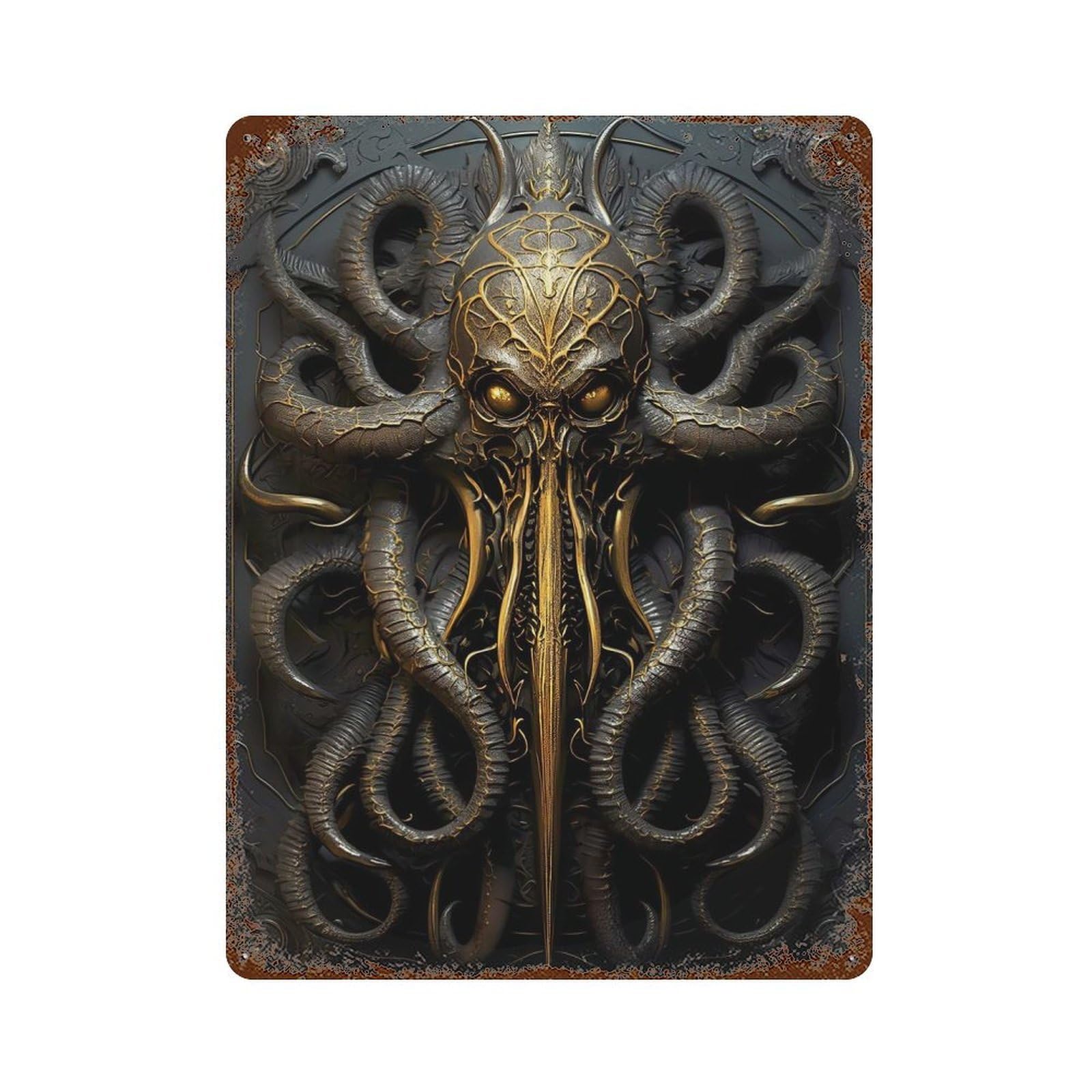 Vintage Rust Metal Sign with Golden Horrors Kraken Design 15.7"x11.8", for Office, Studio And Wall Decor, Farmhouse Wall Decor