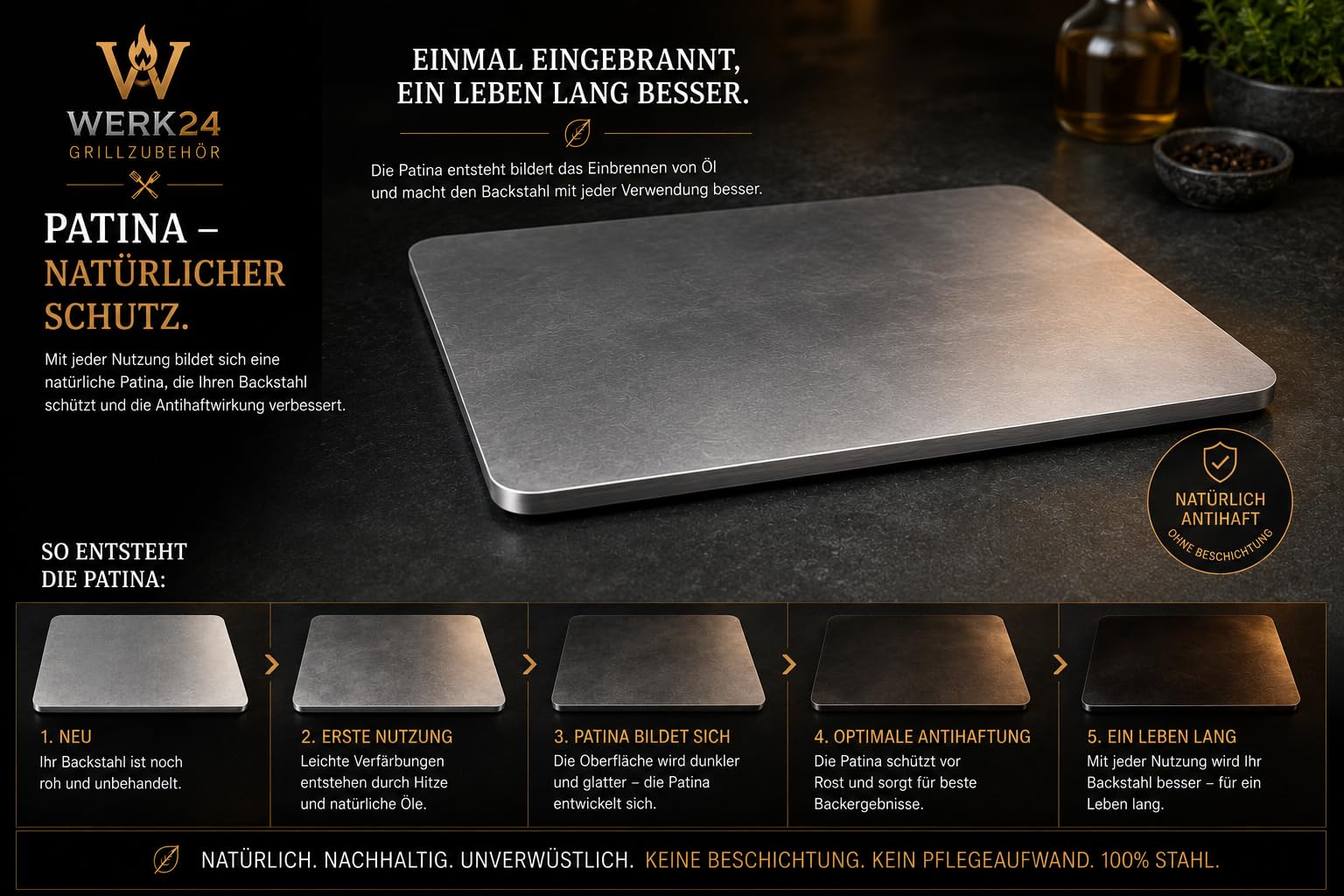 Werk24 Backstahl 38 x 33 cm, 8 mm Pizzastahl für Pizza, Brot und Flammkuchen, massiver Backstahl für Backofen und Grill