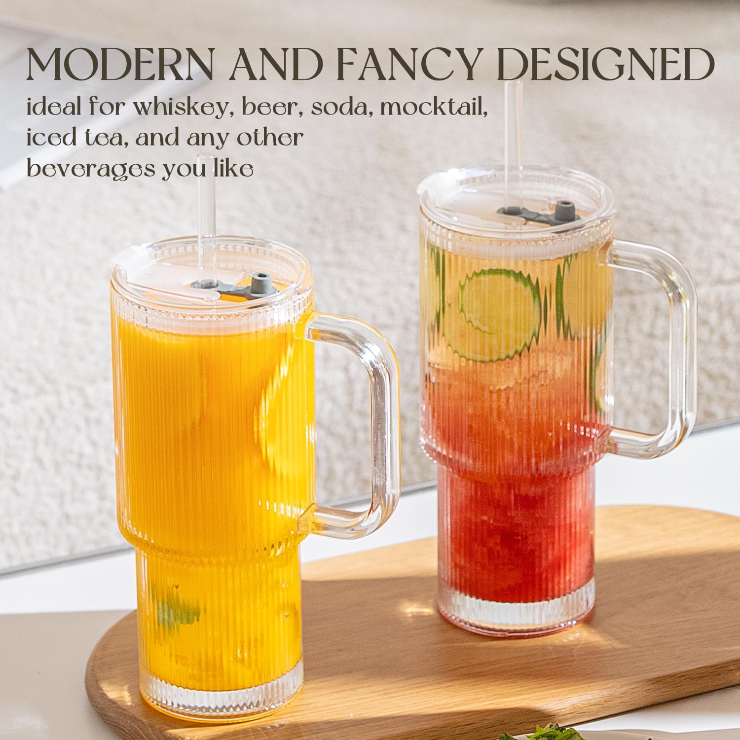 26oz Ribbed Glass Tumbler with Handle & Lid, 2-Pack Clear large Iced Coffee Cups with Straws, Spill proof Glass Mug for Cold & Hot Beverages, Aesthetic Travel Cup for Smoothies, Tea, and Juice - Image 4