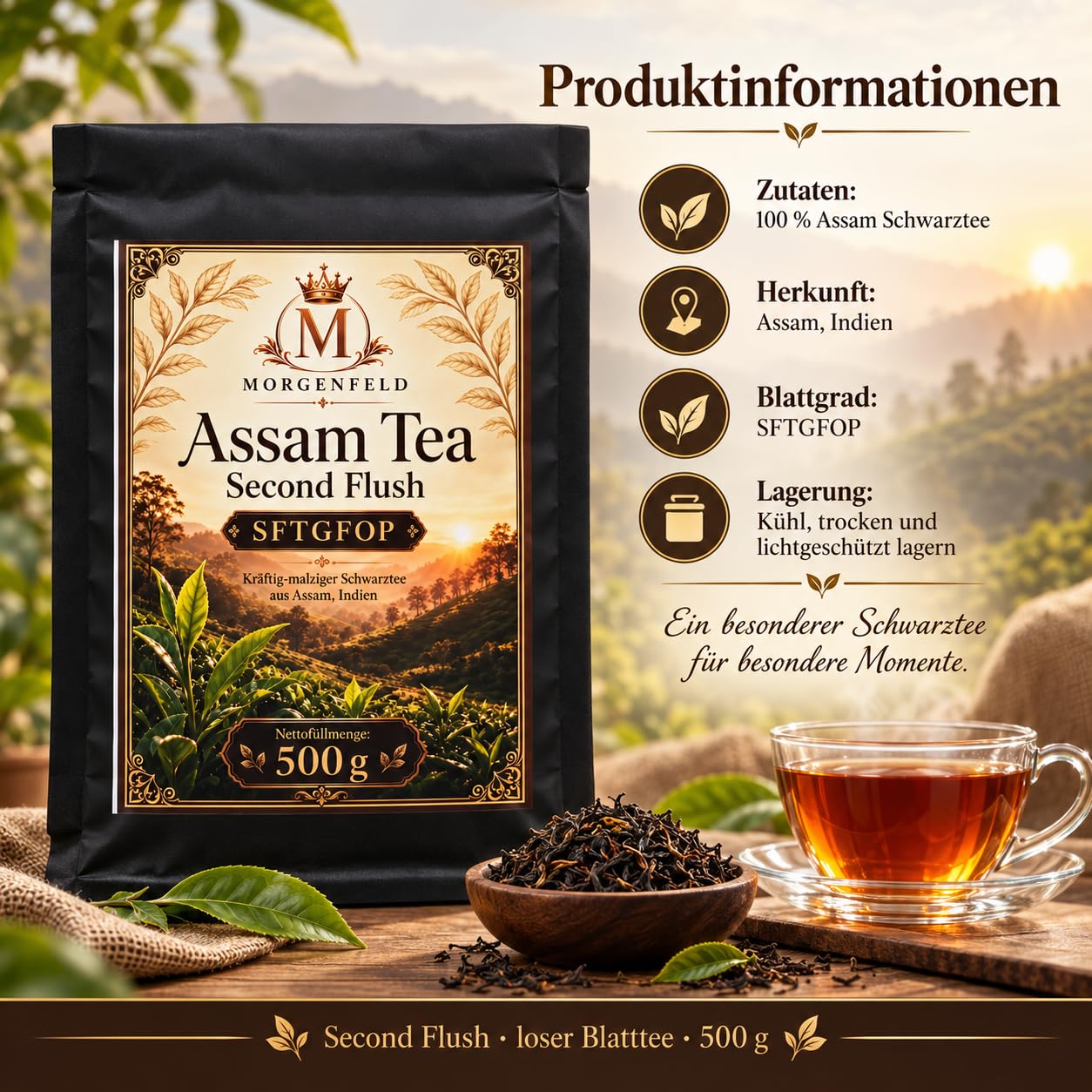 Morgenfeld Assam Tea Second Flush 3 x 500 g – Té Negro Premium SFTGFOP de Assam India, Té Suelto en Hojas Intenso & Maltoso para Tetera, Infusor, Desayuno, Merienda y Degustación met Kajal Sticker