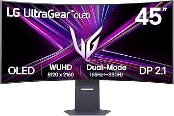 LG UltraGear OLED GX9 Gaming Monitor 45GX950A-B - 5K2K 45 Inch WOLED Curved, Dual-mode 165-330Hz, 0.03ms, 275-1300nits, FreeSync Premium Pro, HDR 400, Speakers, DP 2.1, HDMI 2.1, USB-C, Black