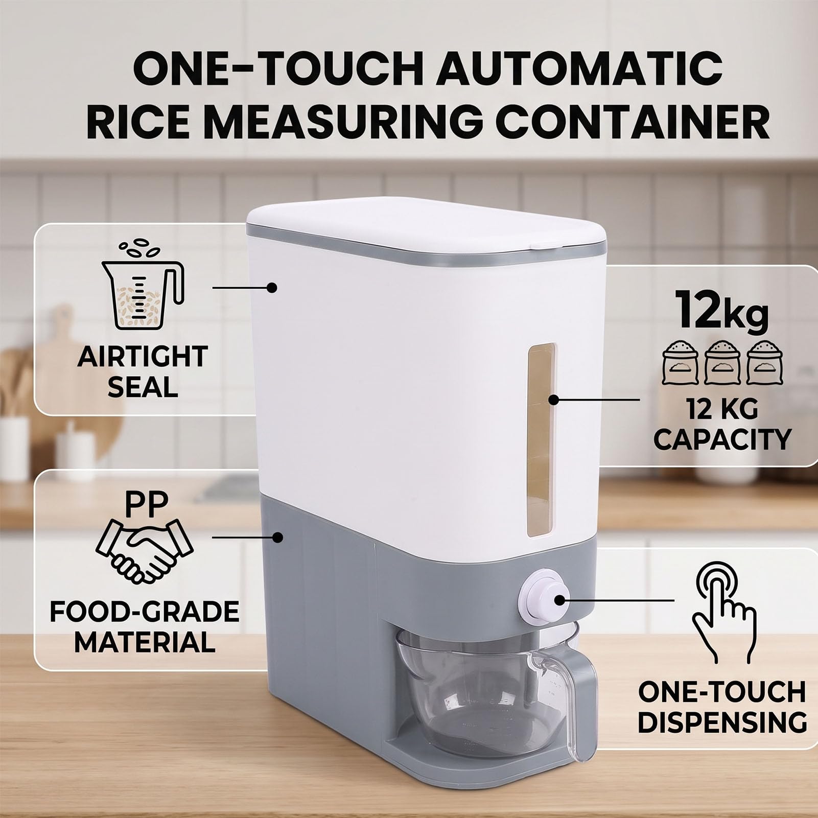 Pssopp Contenitore per Riso, Dispenser Ermetico, per (Standard Gray 12KG) | Distributore di riso con controllo della porzione a un pulsante, sigillato a prova di polvere, per cucinare in casa