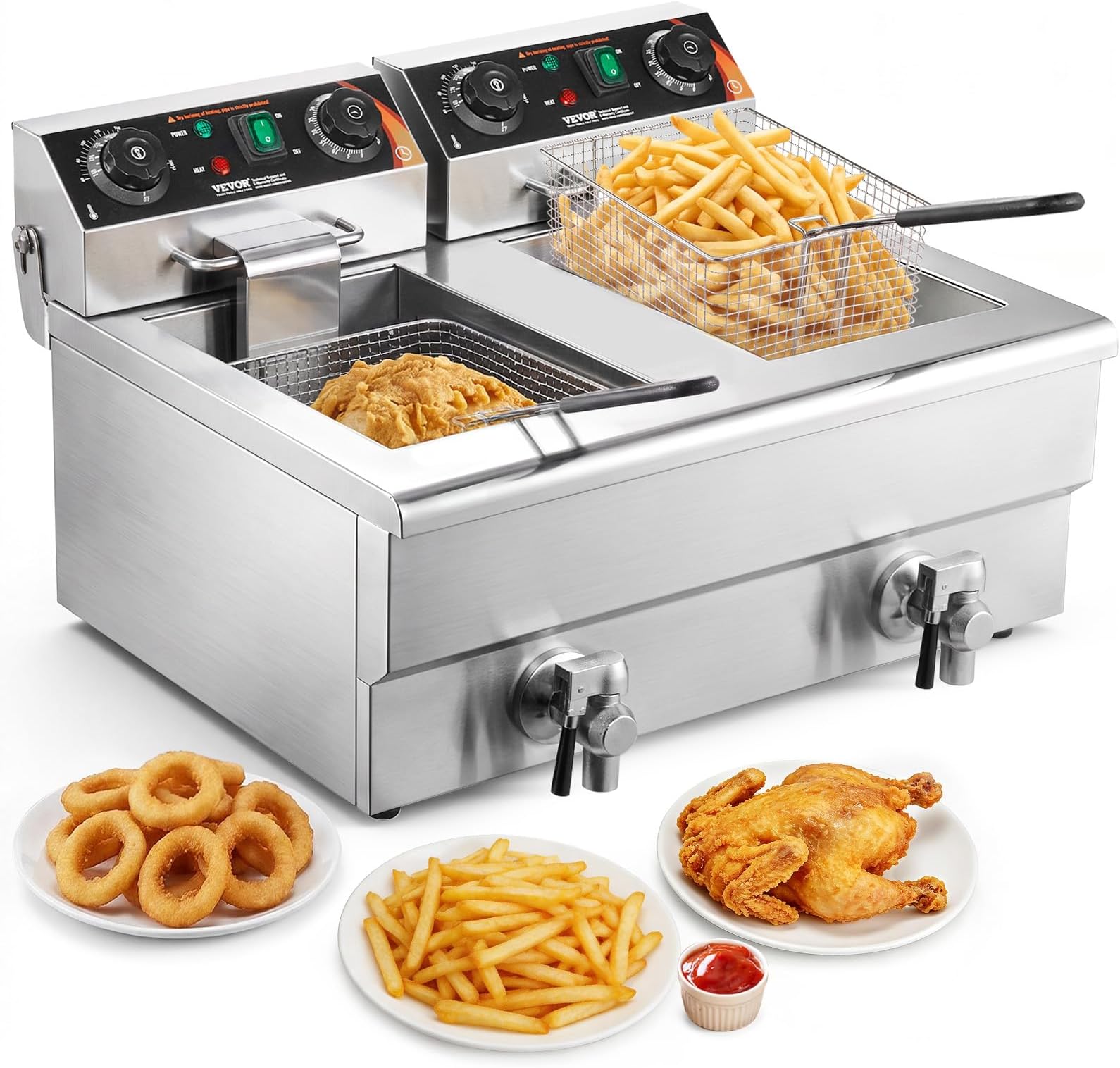 Commercial Deep Fryer, Dual Tank 3000W Electric Countertop Fryer with Basket, 2 x 11.6Qt/11L Double Stainless Steel Oil Fryer with Drain, Time & Temp Control, for Kitchen Restaurant Use
