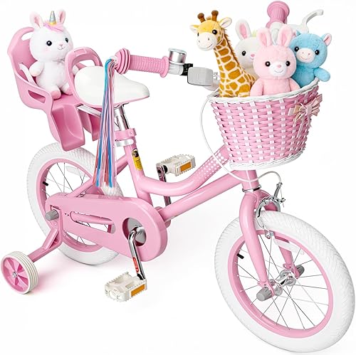 KORIMEFA Toddler Kids Bike for Ages 2-8 Years Girls with Doll Seat and Basket, 12 14 16 Inch Bicycle with Training Wheels, Little Small Princess