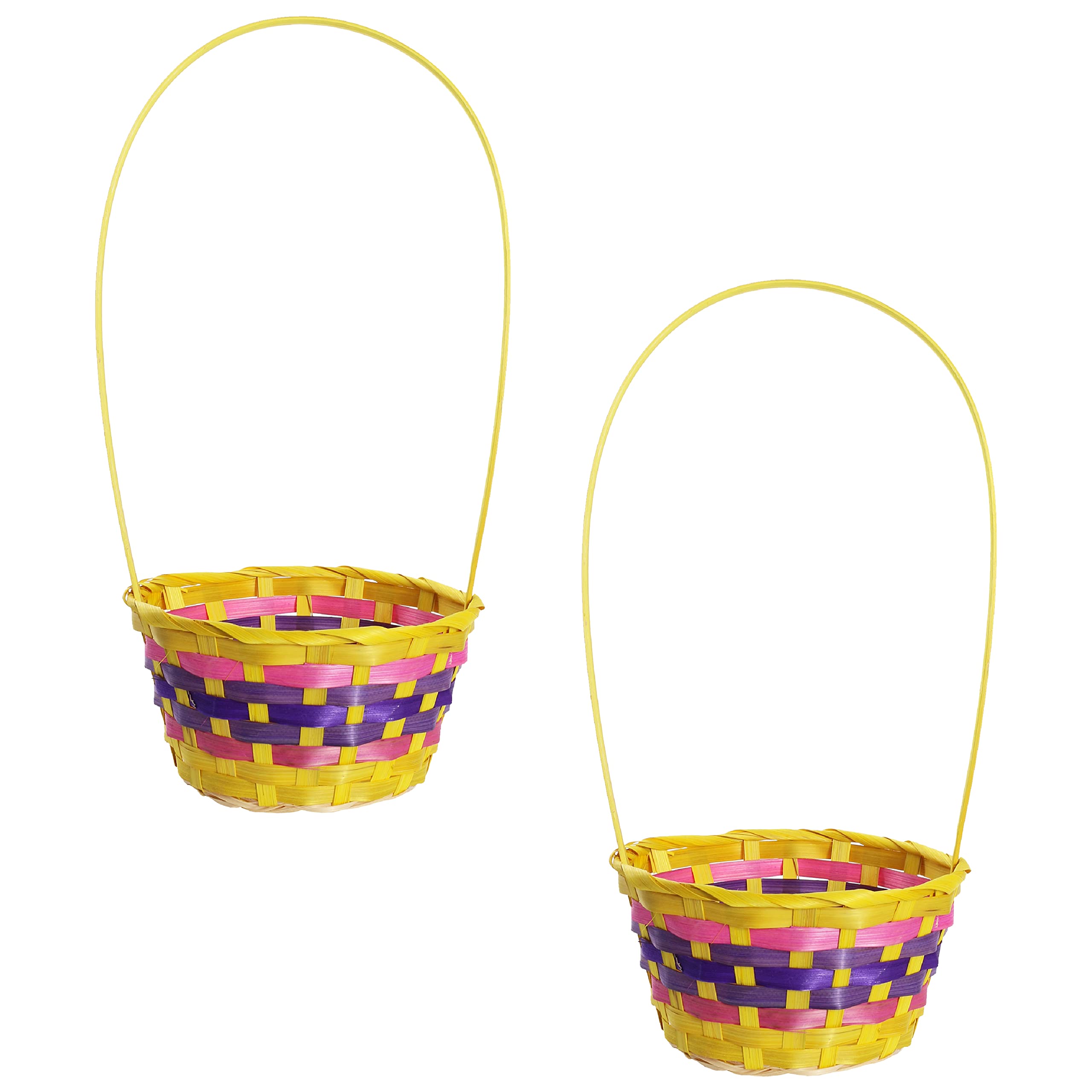 Yellow Easter Basket - Pack of 2 - Large Yellow Basket With Pink and Purple Woven Pattern - Perfect for Easter, Easter Egg Hunts, Easter Bunny Costumes and Other Fancy Dress Events
