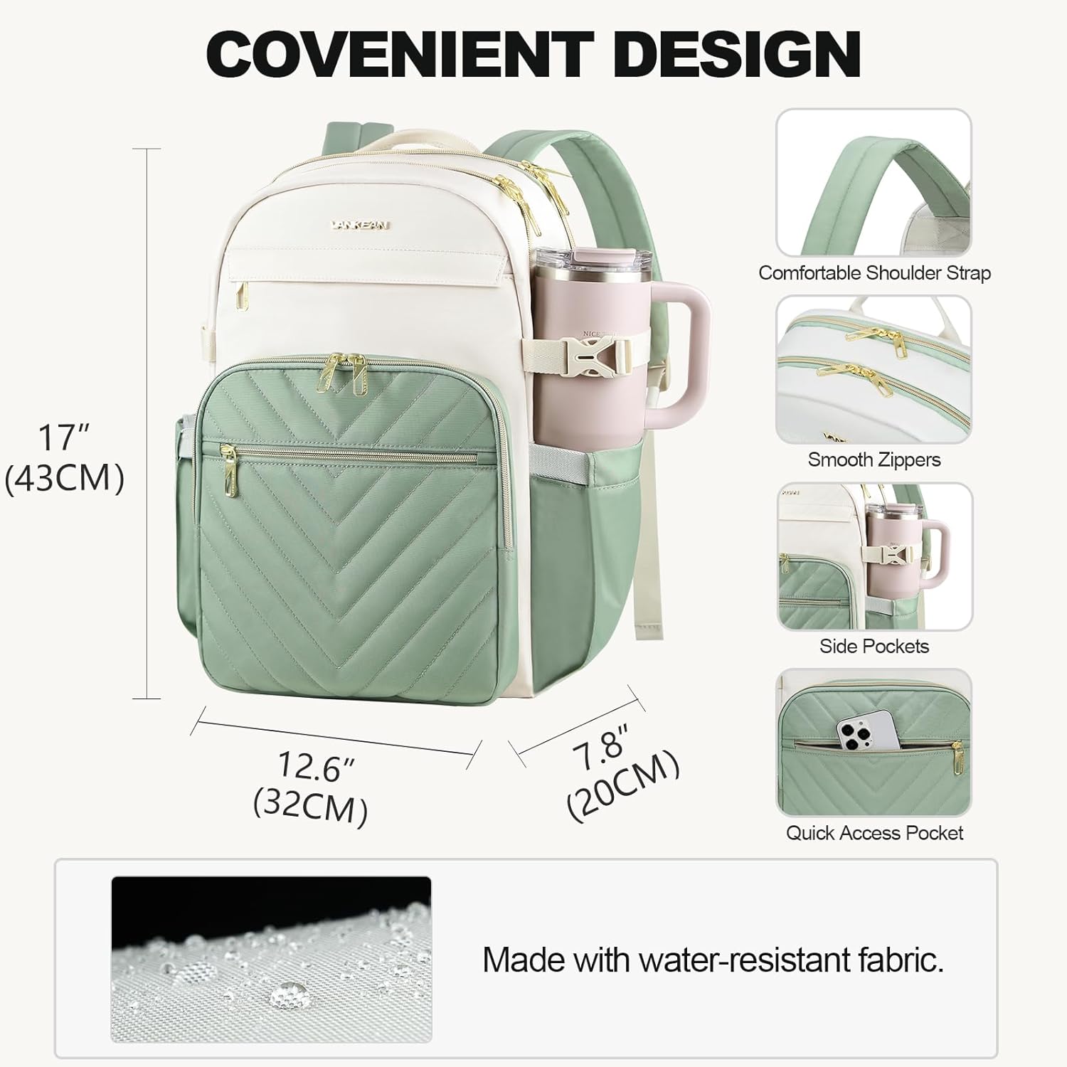 VANKEAN Laptop Backpack for Women with Pouch Pocket for Large Capacity Tumbler, 15.6 Inch Laptop Computer Bag Travel Backpack Purse,Waterproof Work Business College Teacher Bags, Beige-Light Green - Image 4