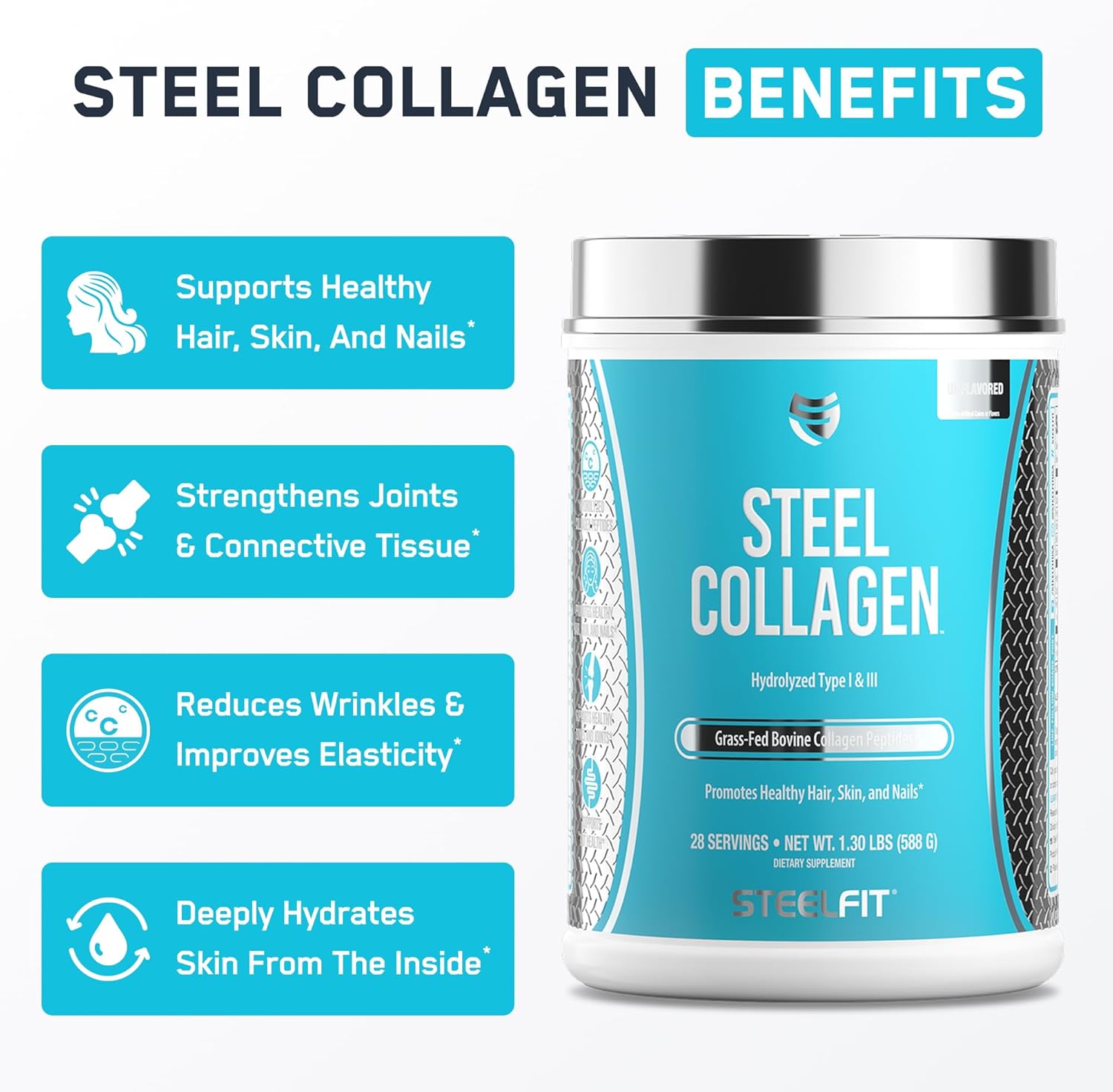 SteelFit Grass-Fed Collagen Peptides Powder, Unflavored - Hydrolyzed Collagen for Hair, Skin, Nails & Joint Support - Grass Fed Bovine Type 1 & 3 with Biotin, Vitamin C & Hyaluronic Acid - 28 Servings
