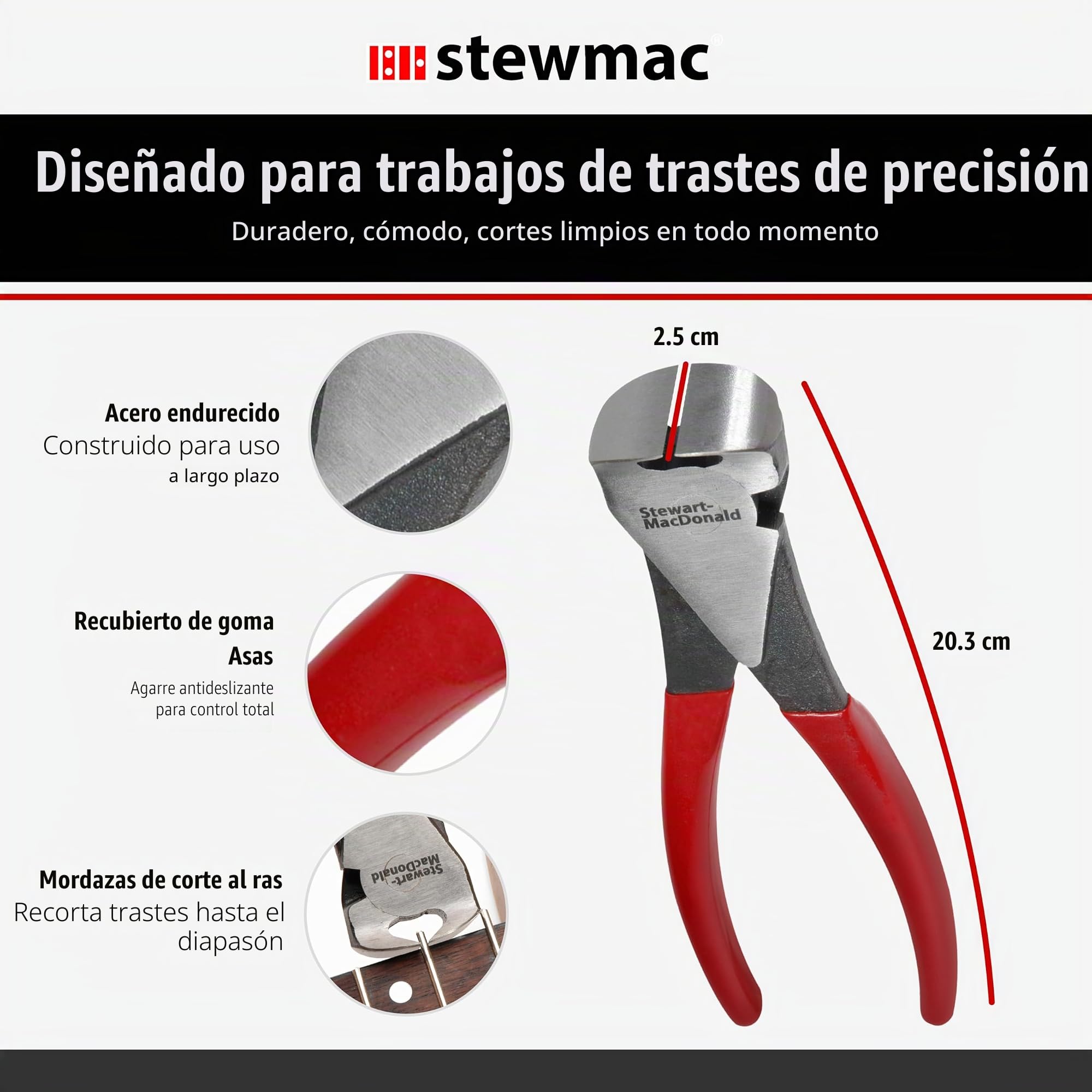 StewMac - Alicate de Corte Profesional para Extremos de Trastes, Tenaza de Acero Endurecido para Luthería Guitare y Bajo, Herramienta para Trastes de Níquel Plata y Acero Inoxidable | Deja el extremo al ras y listo para biselar; mordaza templada que no se