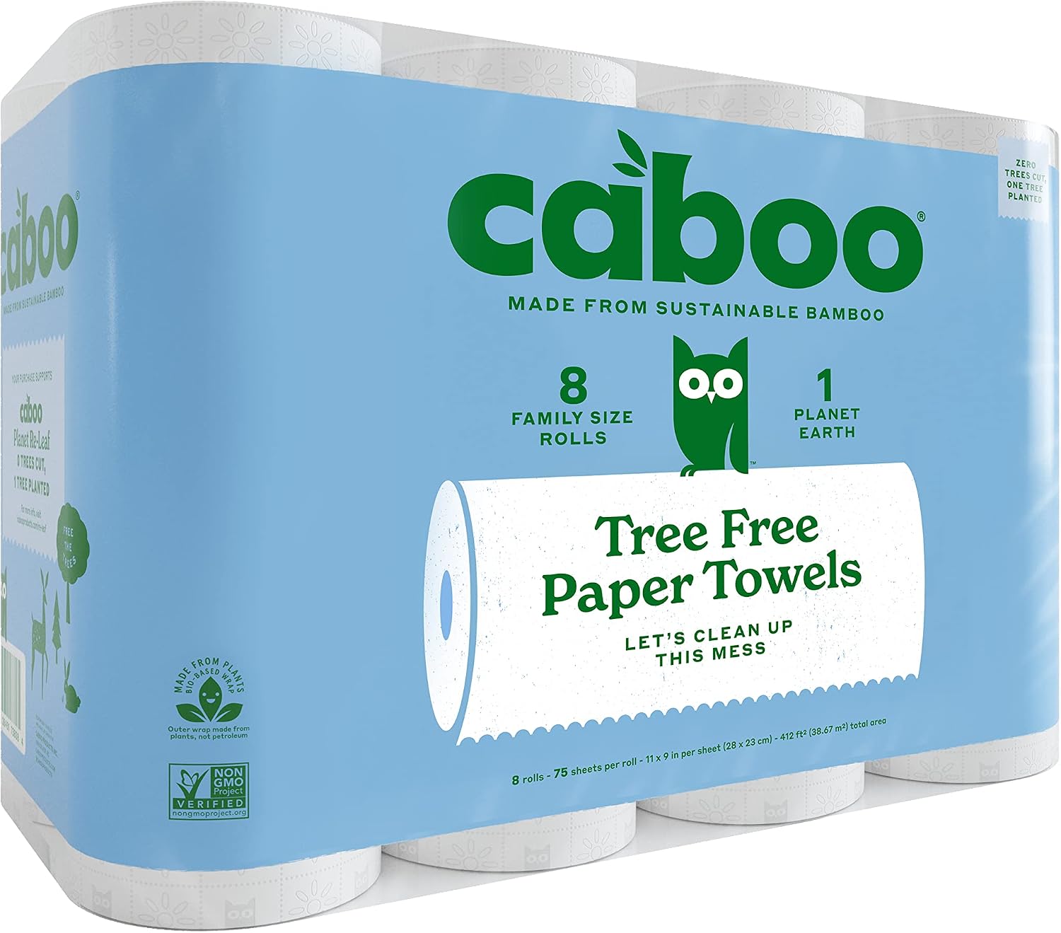 Caboo Tree Free Bamboo Paper Towels, 8 Rolls, Earth Friendly Sustainable Kitchen Paper Towels with Strong 2 Ply
