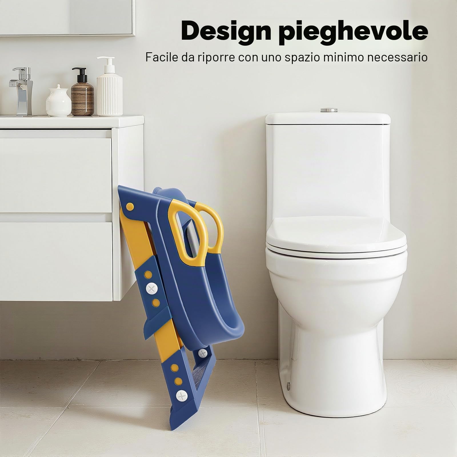 Sedile WC per Bambini con Scala, Sedile WC Pieghevole per Bambini per WC a V/U/O, 6 Regolazioni di Altezza, Supporto WC a U, con Cuscino PU Rimovibile, Blu