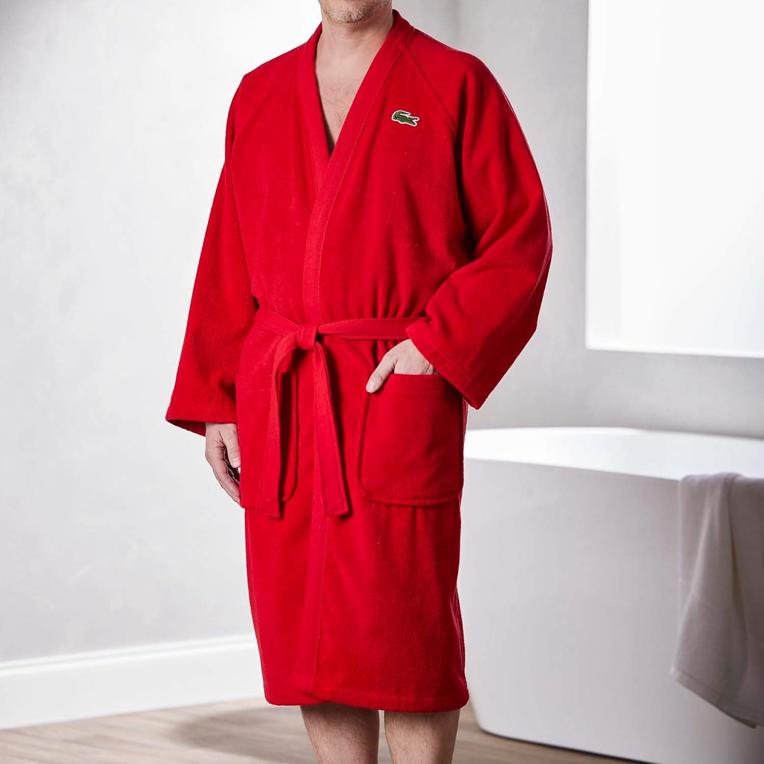 Lacoste Classic Pique Bath Robe, 100% Soft Cotton Terry, Unisex Adult Bathrobe, Absorbent & Quick Drying, One Size Fits Most - Image 5