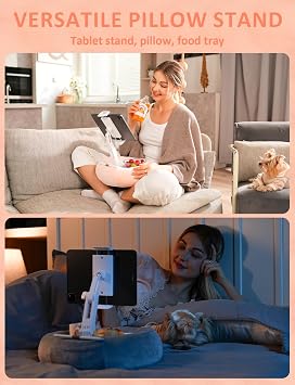 Tablet & E-Reader Stand with Soft Plush Pillow and 2 Detachable Trays , Adjustable Tablet Holder for Bed or Lap Compatible with Kindle Kobo iPad iPhone Portable Monitors & 4.7-16.1 Devices (Pink)