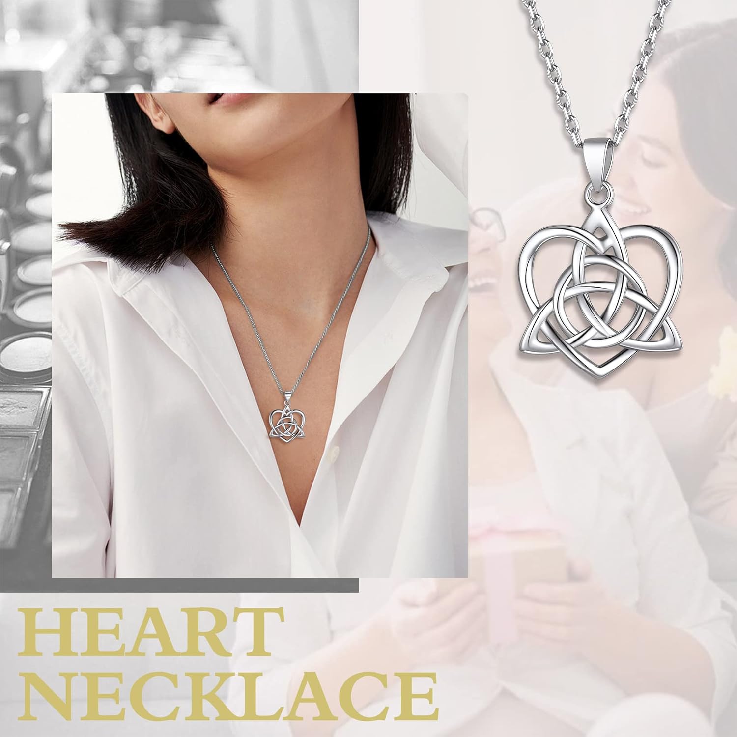Suplight 925 Stelring Silver Celtic Knot Necklace, Triquetra Heart/Cross Pendant Necklace Irish Jewelry for Women (with Gift Box)
