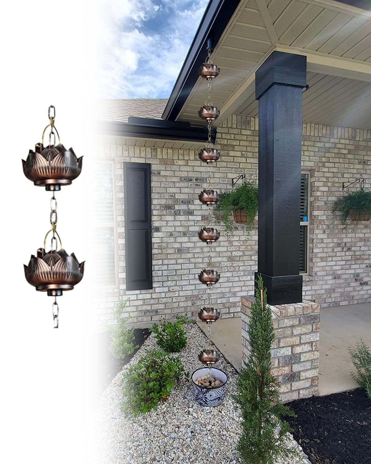 YNBSHGAA Copper Plated Rain Chain, Cascading Waterfall Design for Efficient Rainwater Diversion from Gutters,Style2-2.6m (8.5ft)