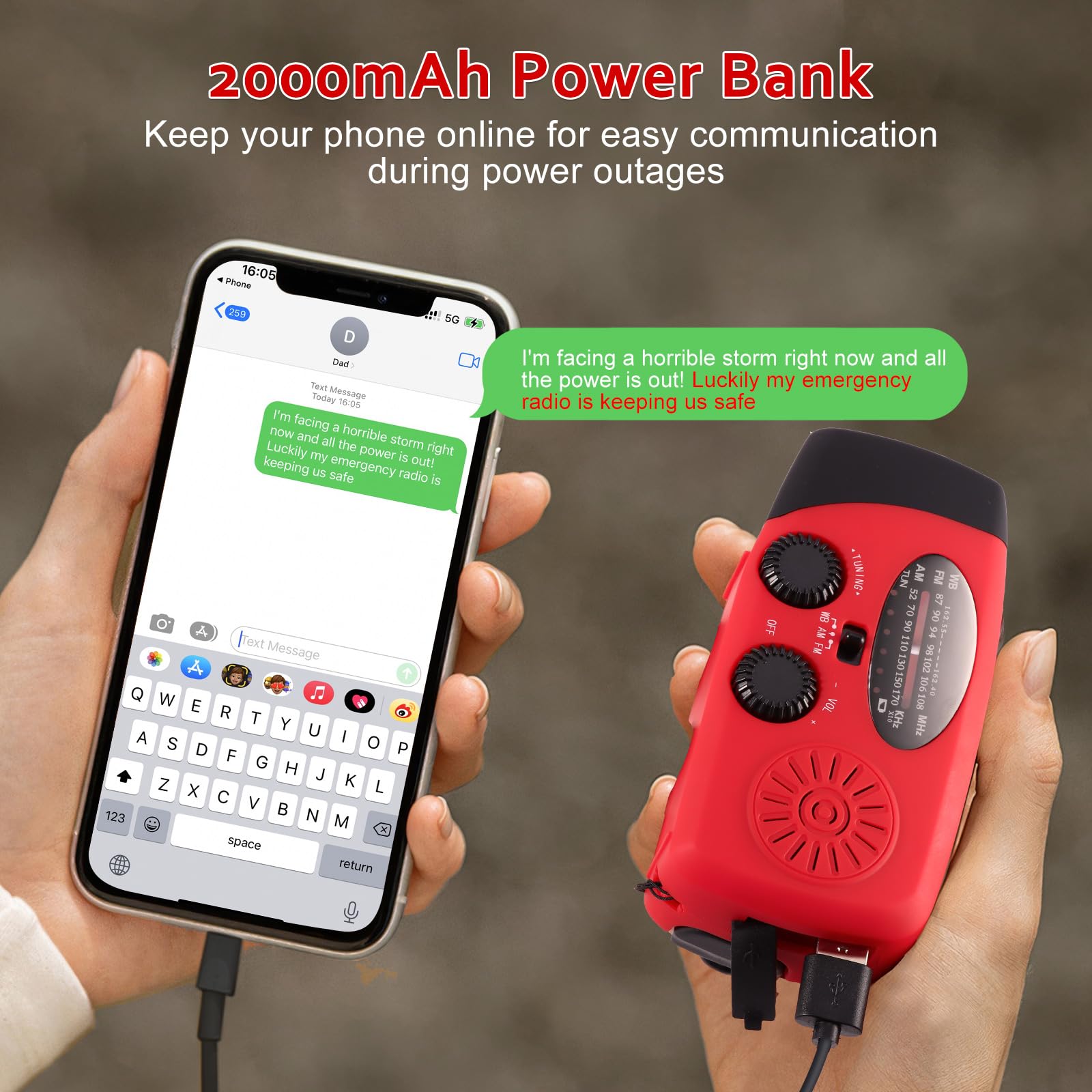 Radio Météo Multifonction - AM/FM, Solaire, Manivelle, LED - Rechargeable 2000mAh - Survival