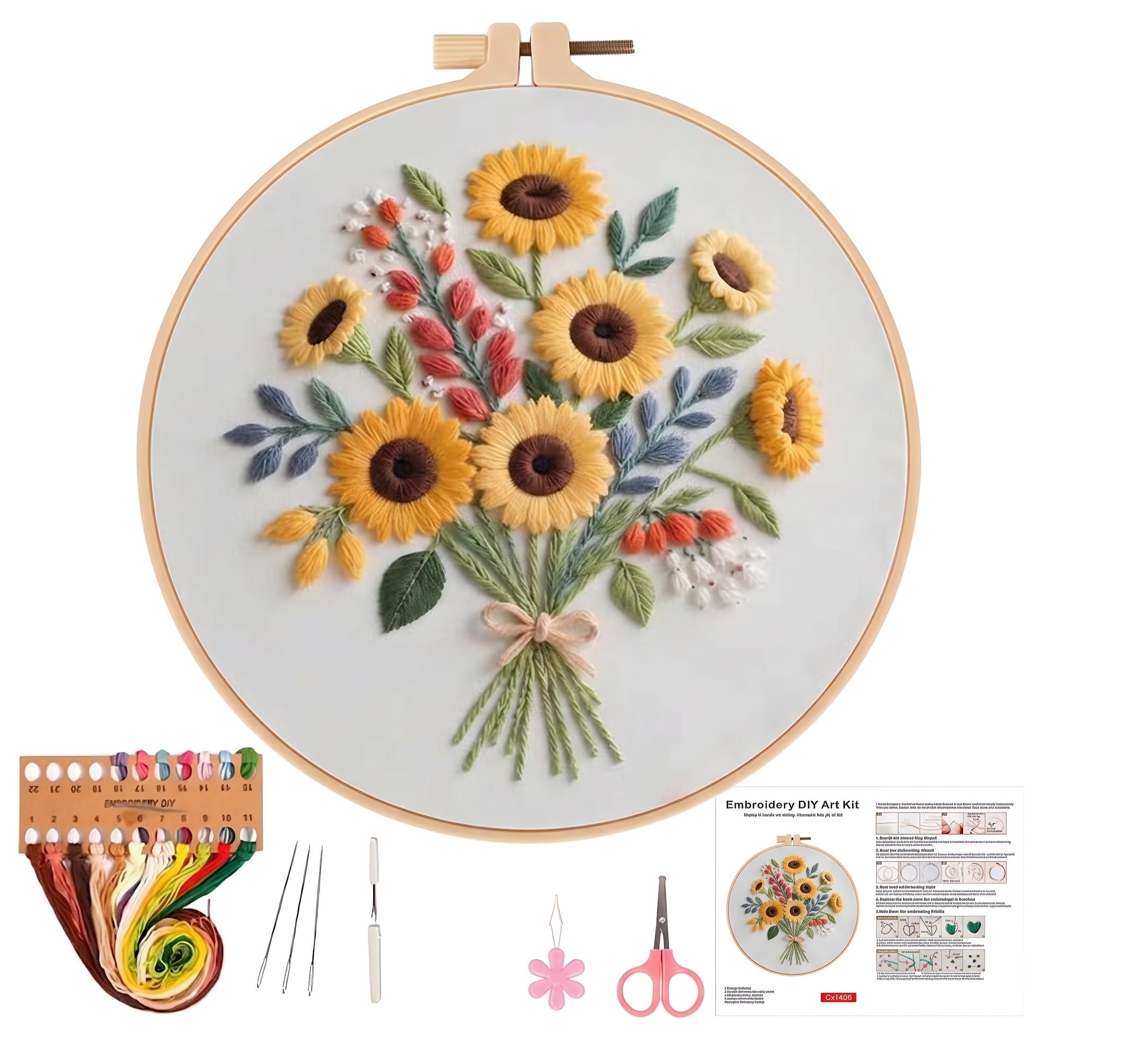 Zirax Embroidery Kit for Beginner Adults with Flower Pattern, DIY Cross Stitch Kits with Stamped Fabric, Hoop, Threads, Needles & Instructions, DIY Hand Sewing Craft Set for Home Decor (1406)