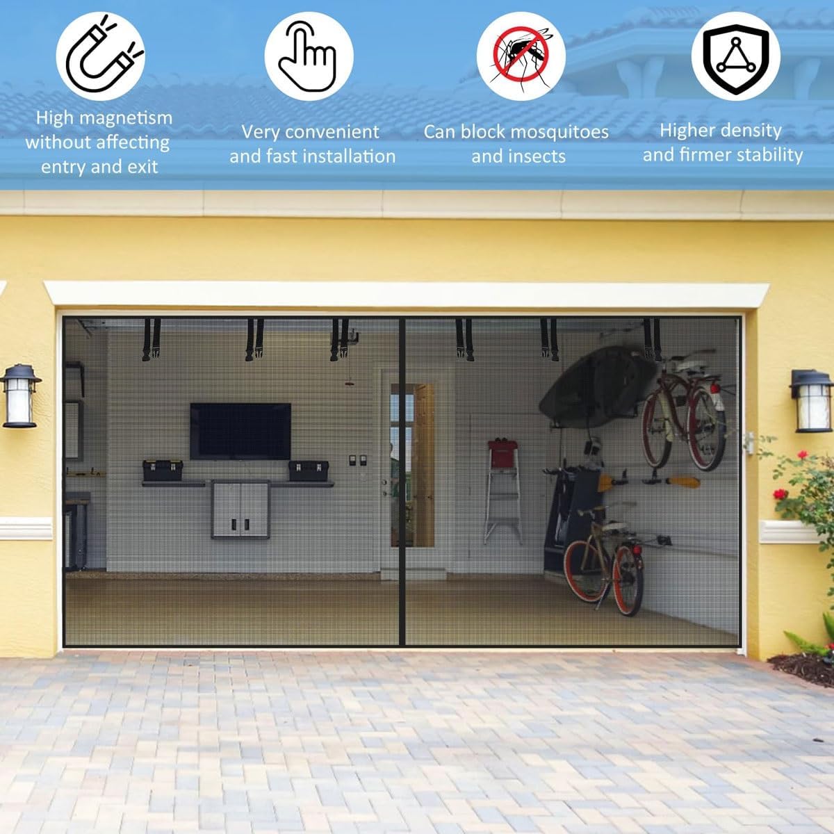 Magnetic Closure Garage Door Fly Screen,Door Screens for Keeping Out Flies,Door Mesh PET Retractable Screen Curtain Cover with Weighted Bottom,for Courtyard Studio(Black,9 * 7FT(284 * 218cm))