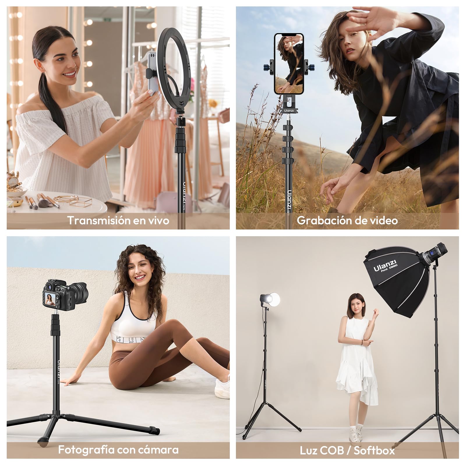 ULANZI Soporte de Luz T270, Trípode de Luz Ajustable para Fotografía de 270 cm, Trípode de Aluminio Portátil de Iluminación de Estudio para Softbox, Cámara, Reflector, Luz Estroboscópica