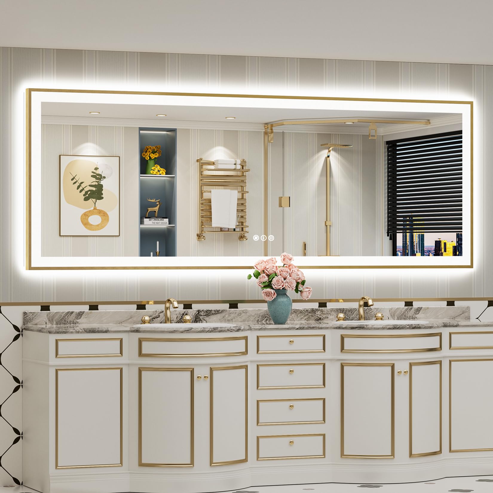 96x36 Gold LED Bathroom Mirror with Lights, Lighted Vanity Mirror