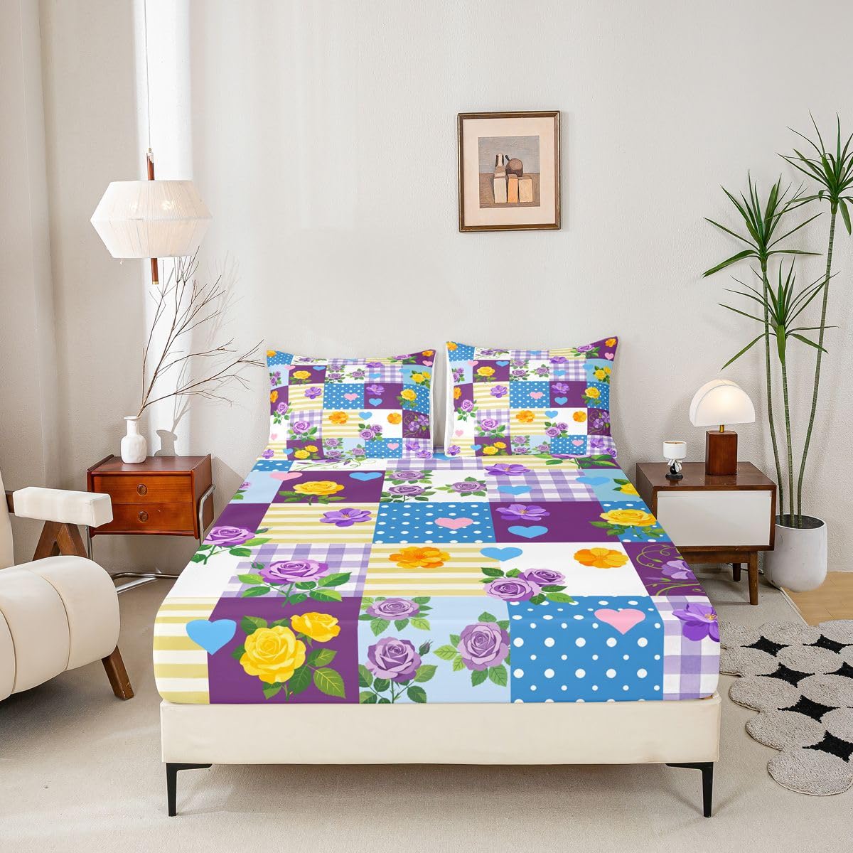 Manfei Juego de sábanas bajeras con diseño floral a cuadros, tamaño King, 3 piezas, estilo francés con 2 fundas de almohada, decoración de habitación de niños y niñas, ropa de cama suave (no plana)