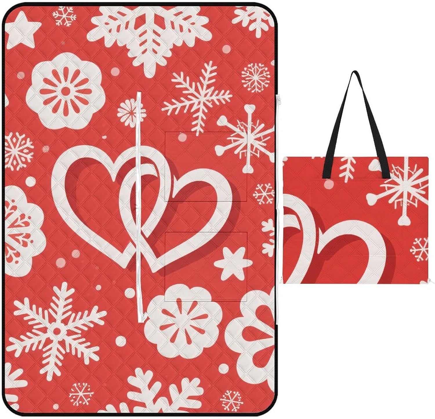 Valentine Hearts Snowflake Flower Picnic Blanket 200x200cm, Foldable 2-in-1 Picnic Mat and Tote Bag Portable Waterproof Beach Mat Sandproof Outdoor Blanket for Park, Hiking, Beach, Camping, Travel