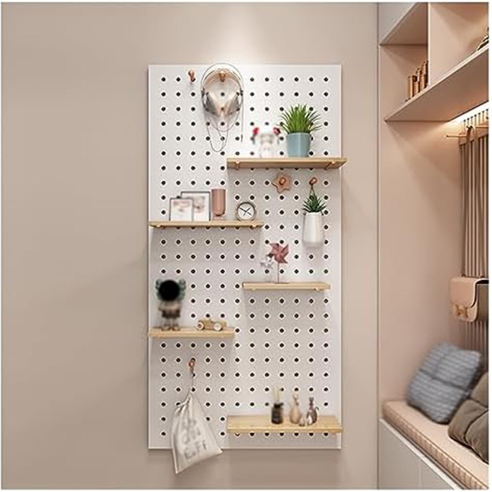 THEGA Mensola Portaoggetti in Legno Massello con Ganci, Kit Modulare per L'organizzazione A Parete con Pannello Forato, Ideale per Garage, Ufficio, Laboratorio O Stanza Hobby(White,120x60cm)