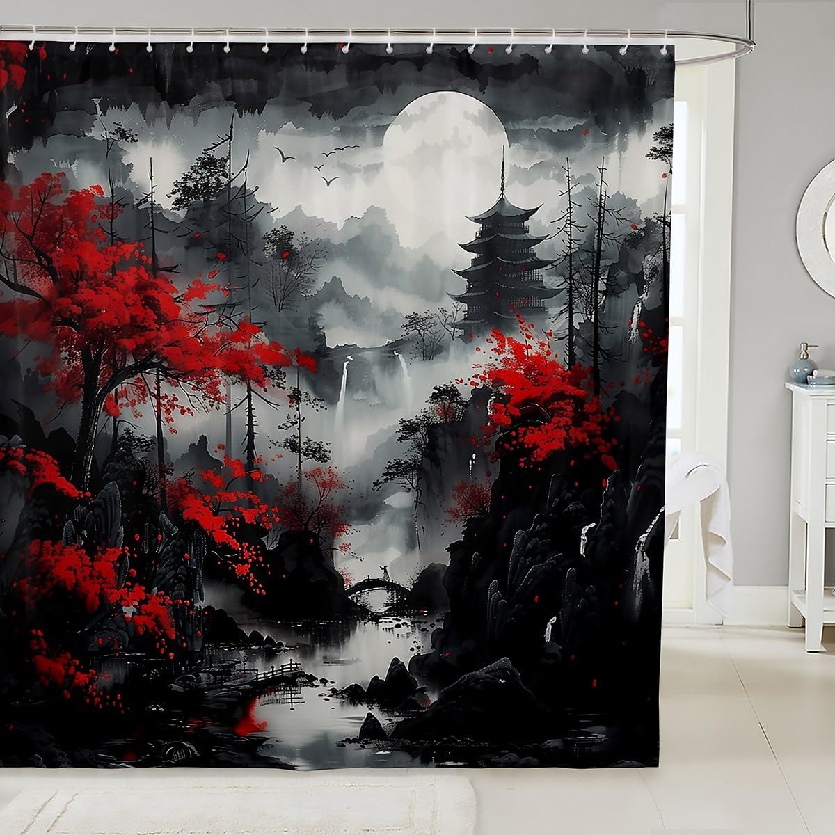 UFGFYTT Shower Curtain Waterproof Washable, 180x240cm(WxL) Dramatic Ink Wash Red Maple Pagoda Bath Curtain With Hooks, Asian Moon Waterfall Decor, Moisture Proof Bathtub Curtain