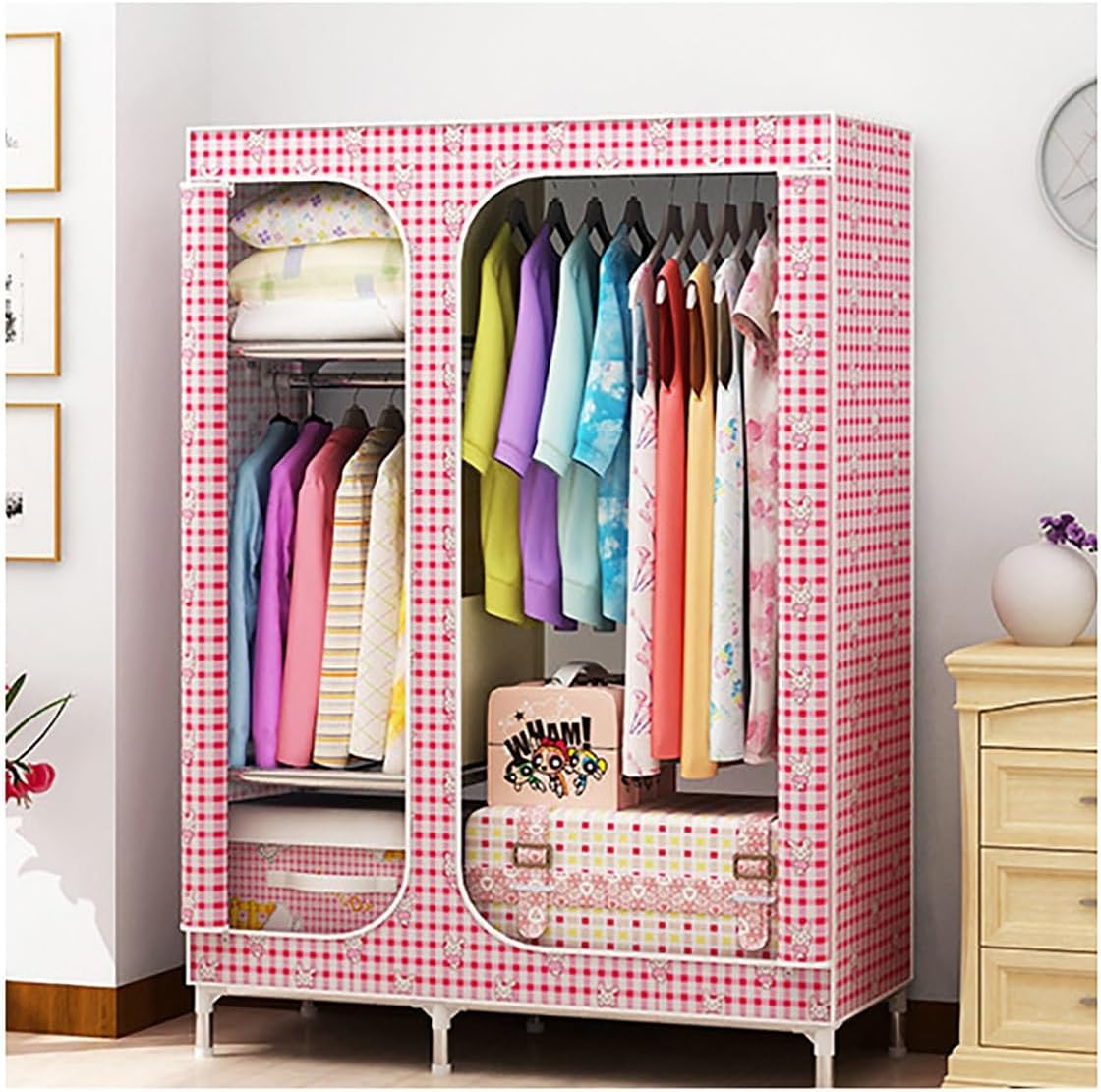 Metal Closet Wardrobe 66.14 Inch Portable Closet for Bedroom 2 Clothes Hanging Rails with Fabric Cover Clothes Storage Organizer (Color : Pink A, Size : 108x45x168cm)