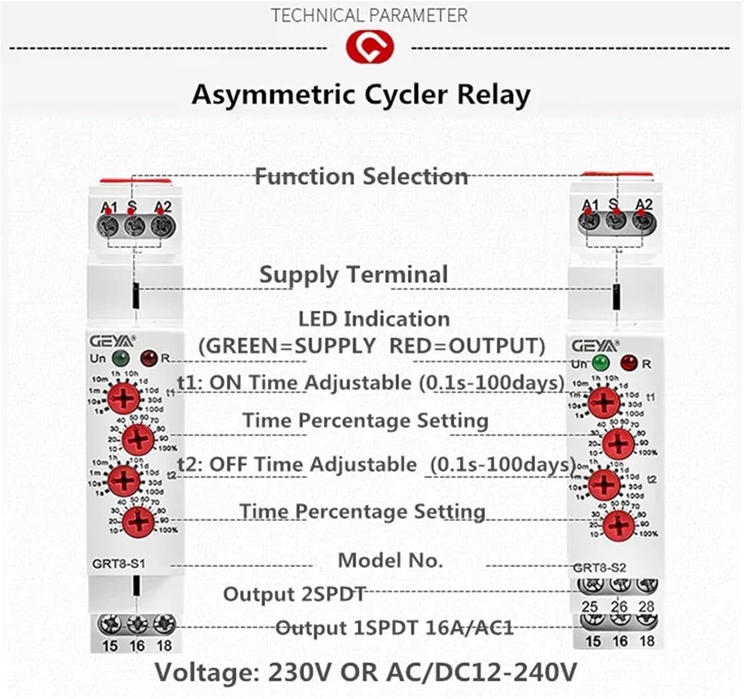 GRT8-S Asymmetric Cycle Timer Relay 220V 16A AC/DC12V-240V Electronic Repeat Relay(GRT8-S2 AC230V)
