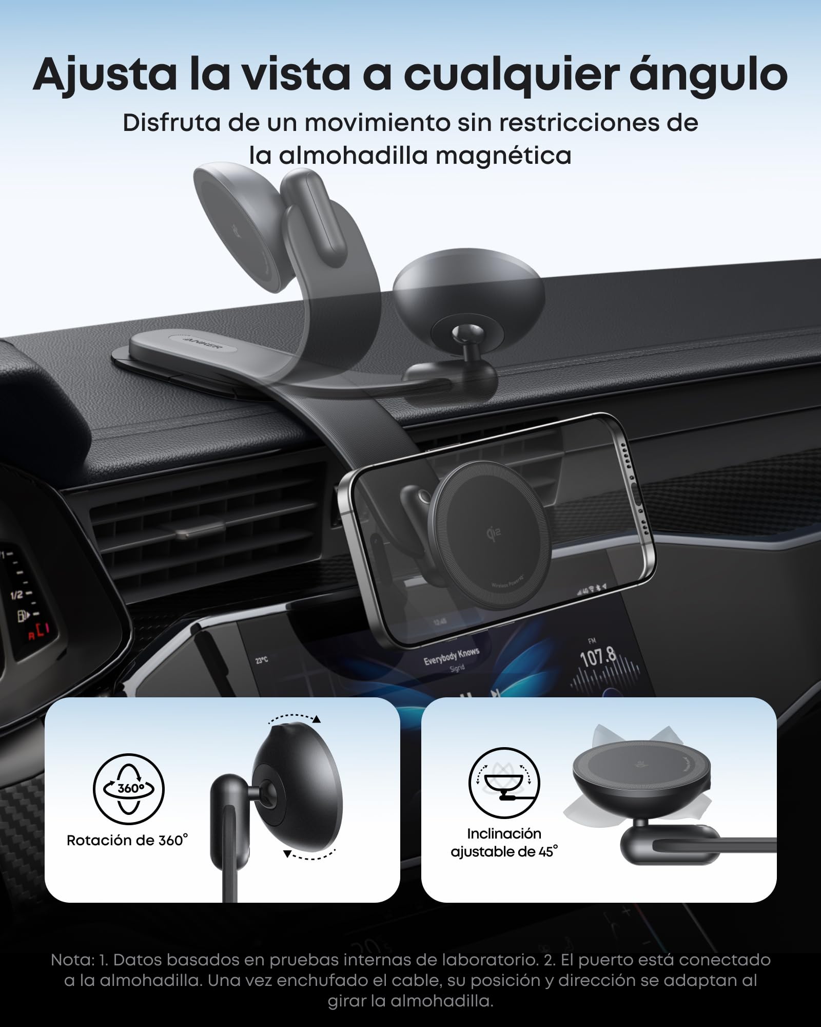 Anker Nano Cargador Coche Inalámbrico para Coche, Cargador Ajustable 360° con Almohadilla Desmontable, Carga Certificada Qi2 de 15W, para iPhone 16/15/14/13/12 (Adaptador Incluido)