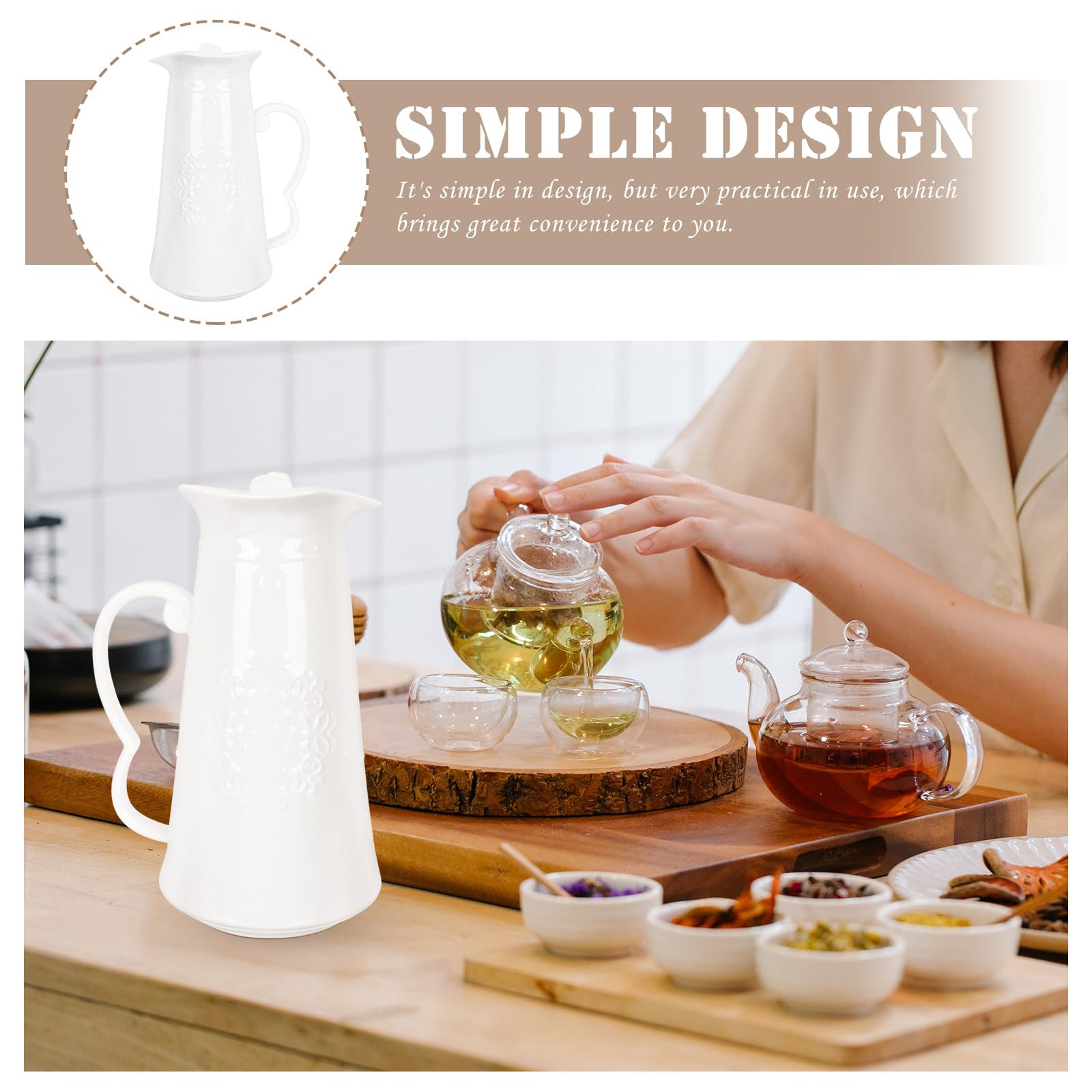 Pichet à Boissons Décoratif en Céramique Blanche 1,5 L Résistant aux Hautes Températures Carafe de Refroidissement pour Jus, Thé Glacé et Eau Froide Usage Familial et Réceptions