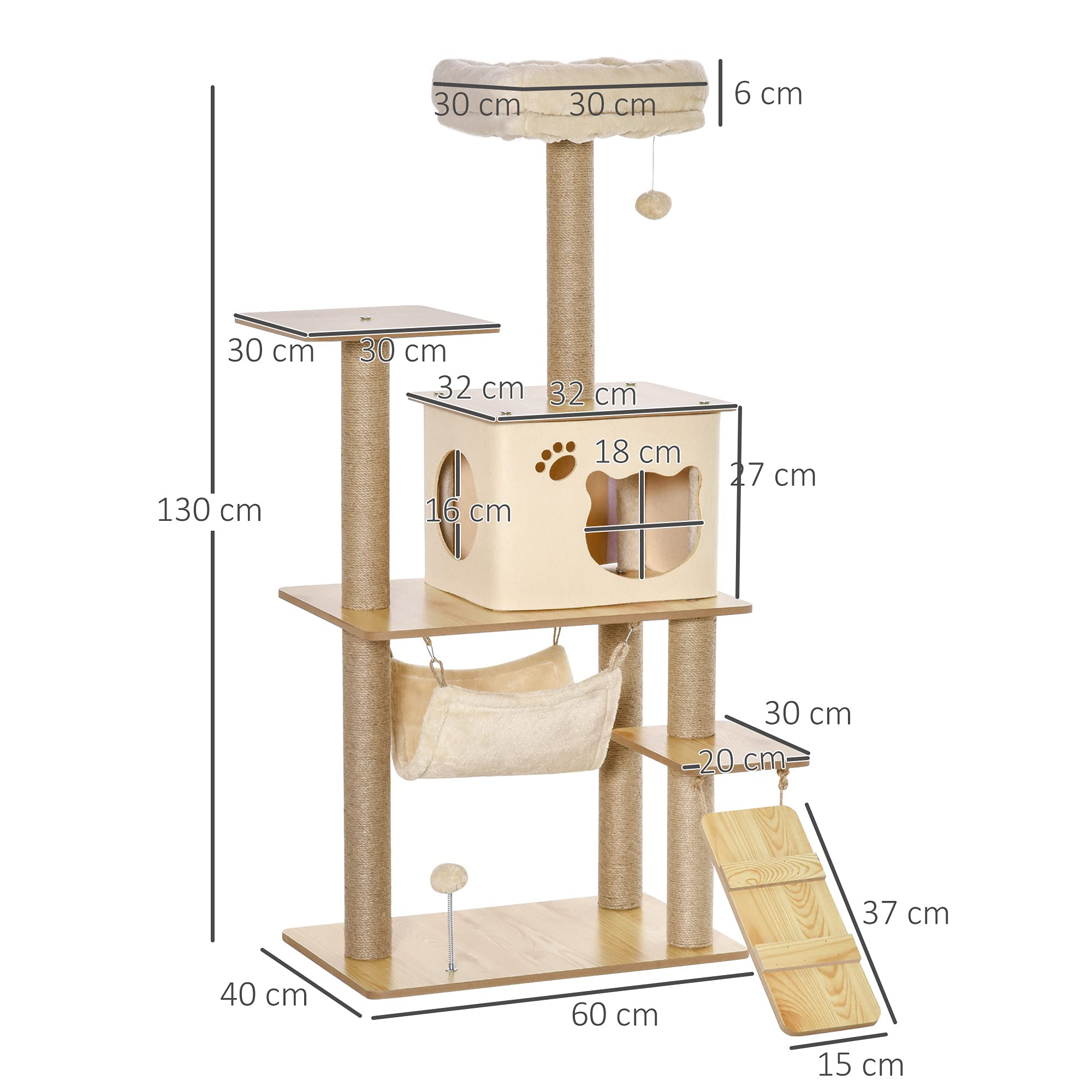 PawHut Albero Tiragraffi Multilivello con Casetta, Amaca, Scaletta e Corde in Juta, Rivestimento Peluche, 60x40x130cm, Giallo