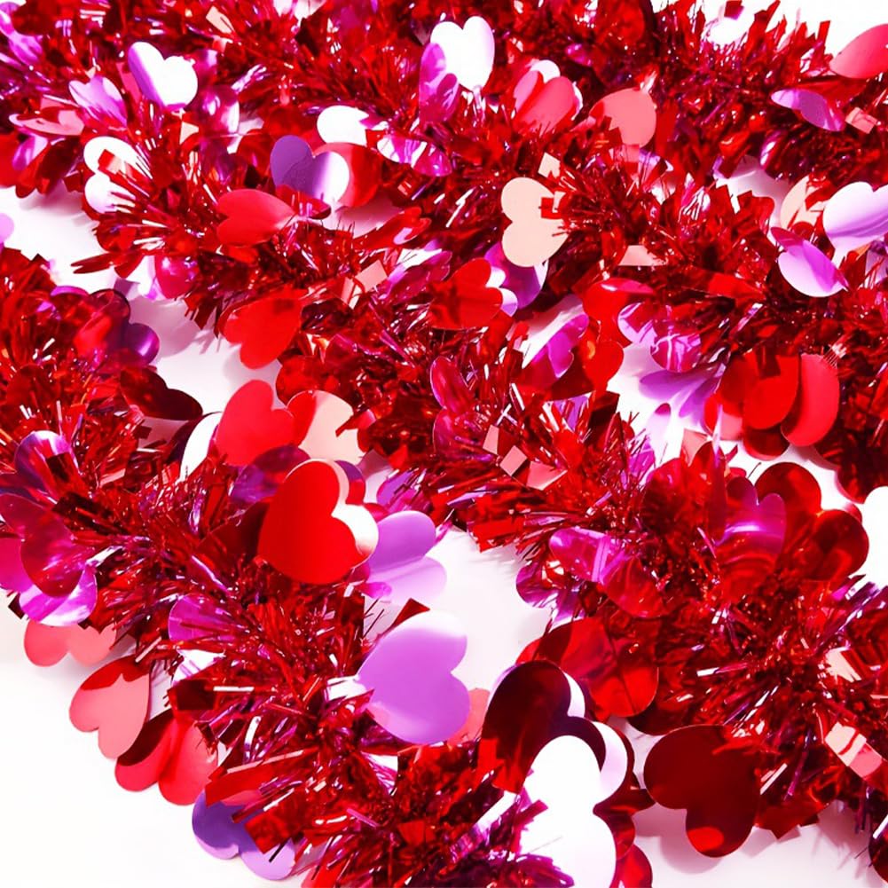 33 Feet Long Valentine's Day Tinsel Garland Red Heart Tinsel Holiday Decor for Outdoor or Indoor Use, Wedding Birthday Party Supplies Mothers Day Christmas Tree Garland Decorations