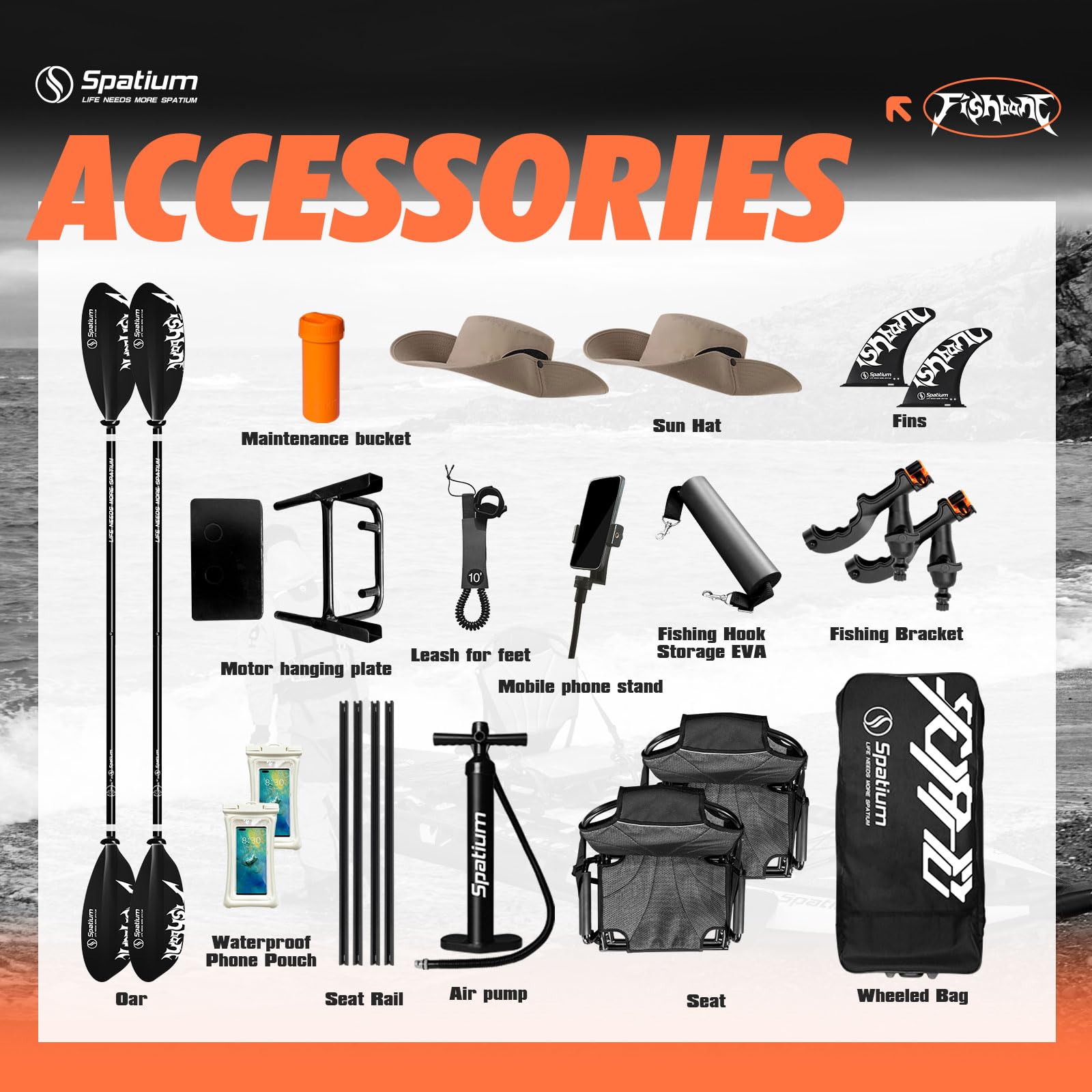 Spatium Tavola da pesca SUP gonfiabile Stand Up Paddle Board per adulti 11 '* 121,9 * 15,2 cm, kayak da pesca con accessori di alta qualità, 2 supporti per canna da pesca, sedile girevole