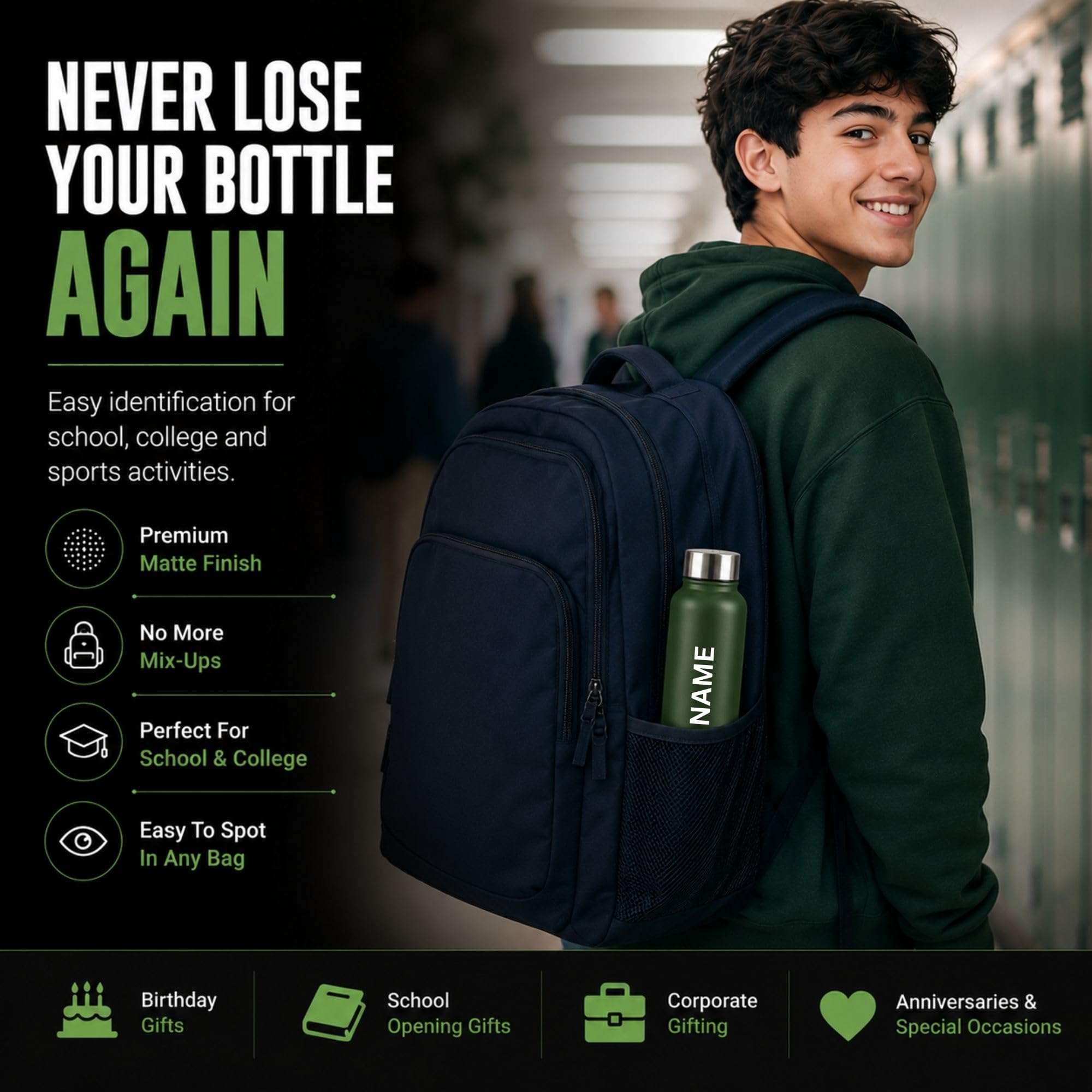 Courage Personalised Stainless Steel Water Bottle 1 Litre | Custom Name Engraved Bottle | Leak-Proof, BPA-Free, Rust-Resistant | Stylish Gift for Kids, Women & Men | Office, School & Gym Use (Green) — Amazon image 3