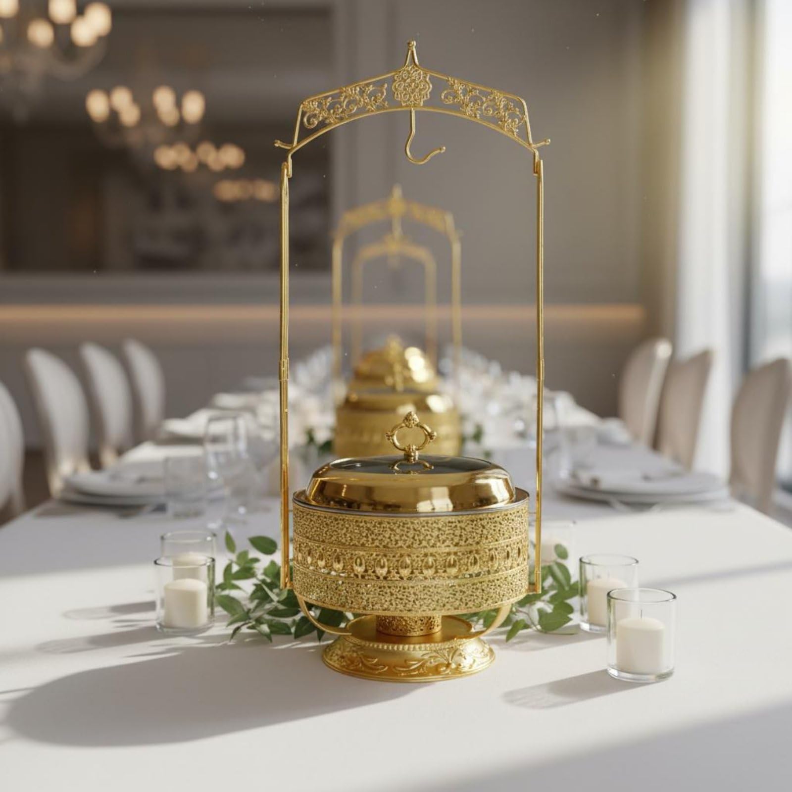 Qianly Chafing Dish Buffet Scalda Buffet Vassoio Servizio Riscaldatore Pietanze in Acciaio Inossidabile Finitura Oro Capacità 8L Adatto per Catering Eventi, 8L, Coperchio Combinato In Vetro Piccolo