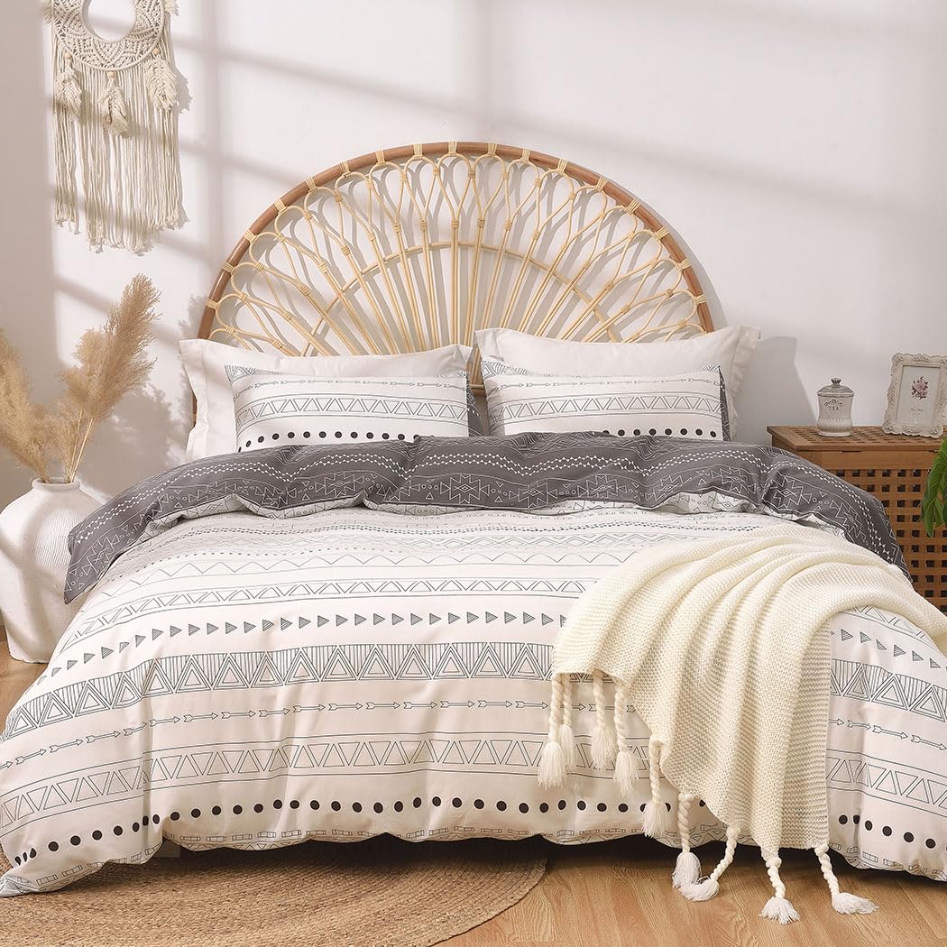 LekeinchiCotton Duvet Cover Queen Size, 100% Washed Cotton Beige Reversible Floral Duvet Cover Set Garden Style Duvet Cover Set 3 Pcs Soft Bedding Set with Zipper Closure and 4 Ties