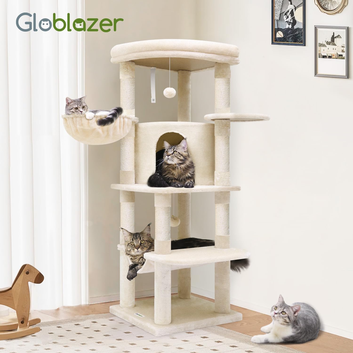 Globlazer Arbre a Chat avec Grandes Plateforme en éventail Niches Doux Hamac Panier, Arbres à Chat Hauteur 130 cm Solide 90° Serré Coin pour 3-4 Gros Chats Repos Jeu (C51, Beige)