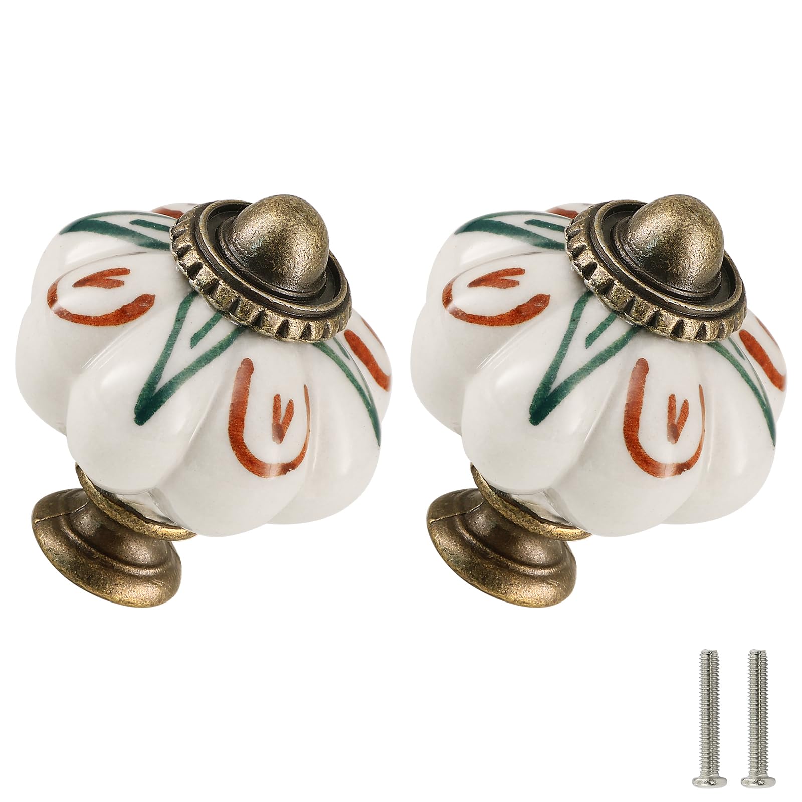 Zernmiarder Ivory Pumpkin Knobs 2 Pack Ceramic Cabinet Knobs Vintage Drawer Pulls - Antique Dresser Pulls with Screws - Flowers & Aloe Vera