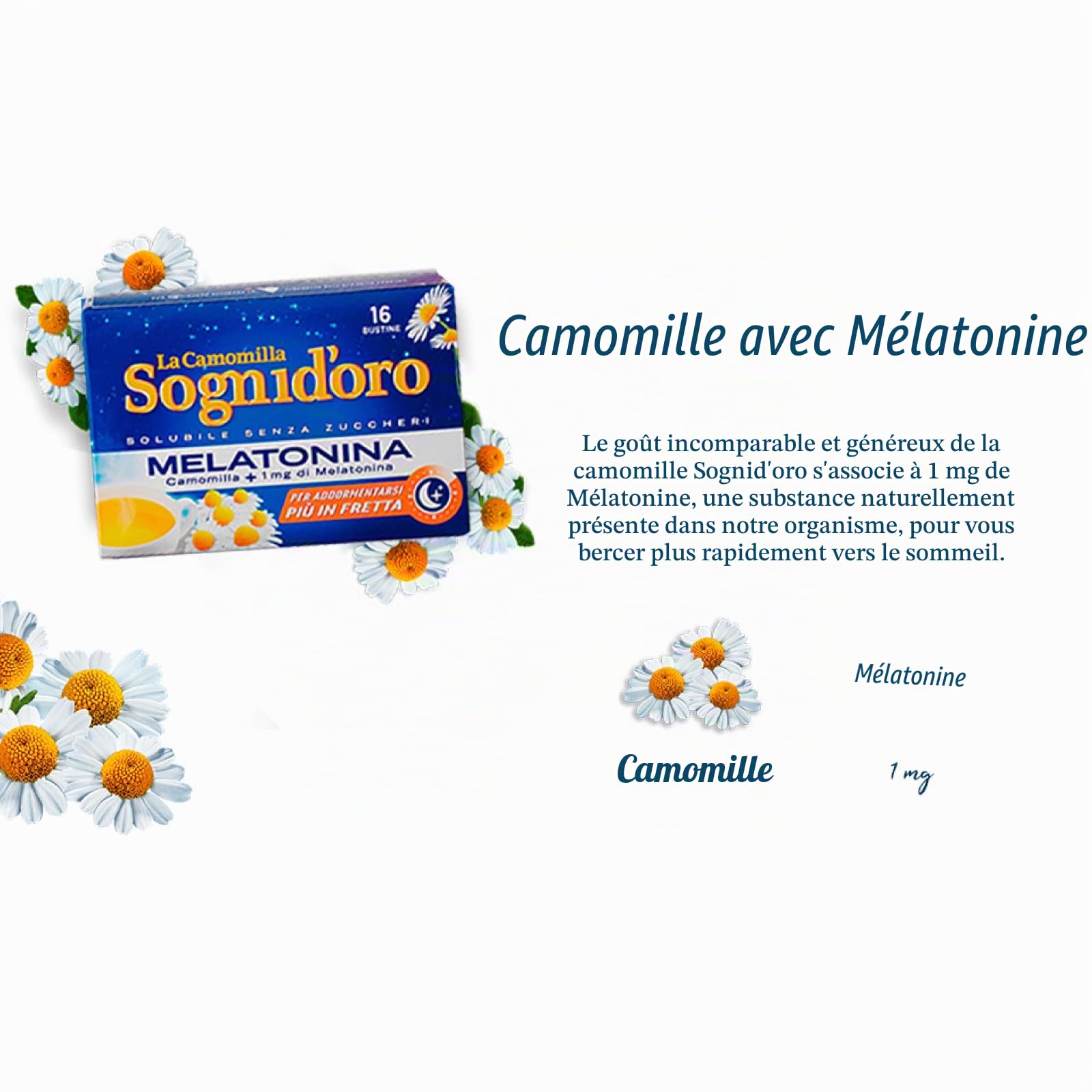 Sognioro Plus Camomille Soluble avec 1 mg de mélatonine sans sucre pour favoriser le sommeil – 6 paquets de 16 sachets