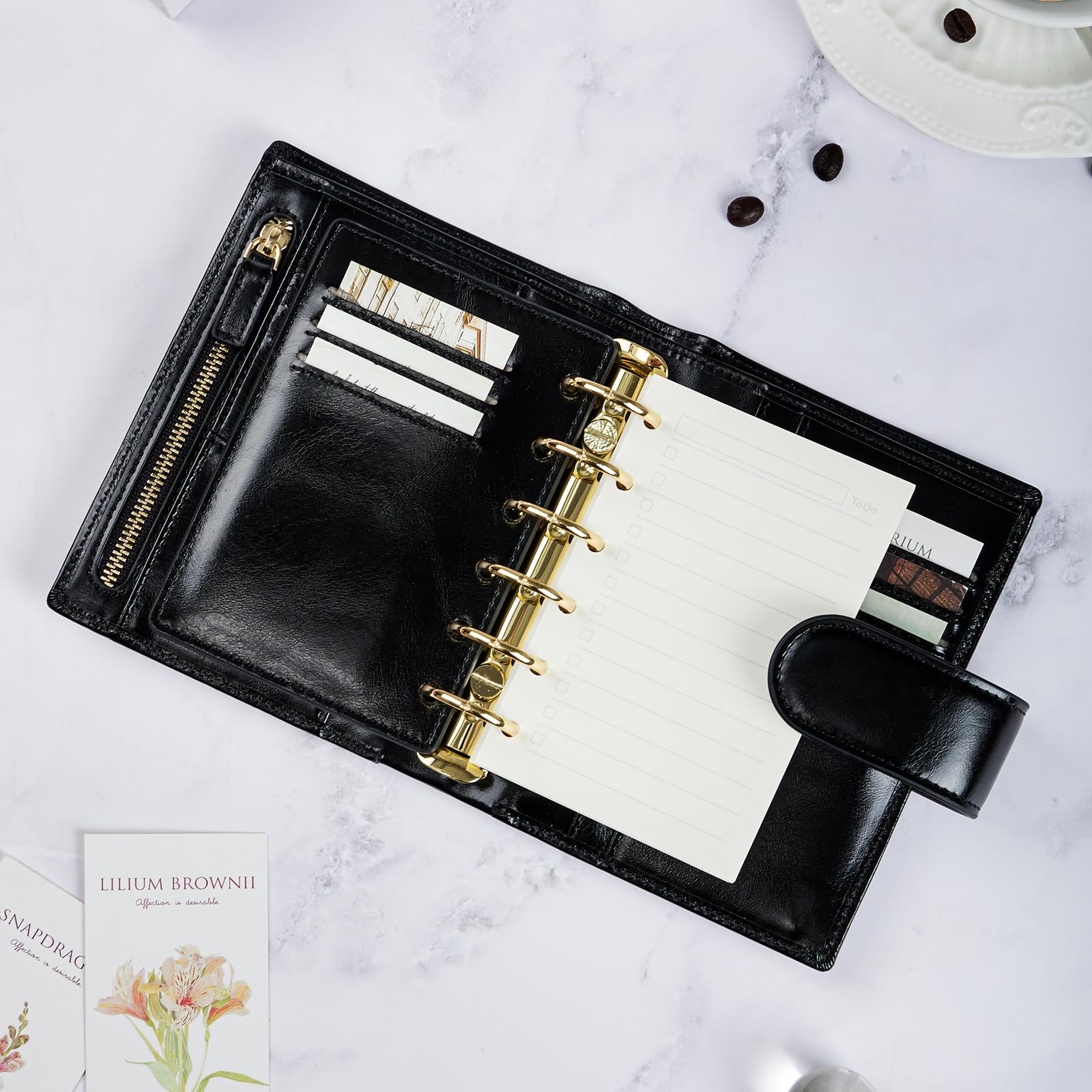 Agenda tascabile in pelle, raccoglitore a 6 anelli con foglia, anello dorato da 25 mm, pelle cerata ad olio (nero)