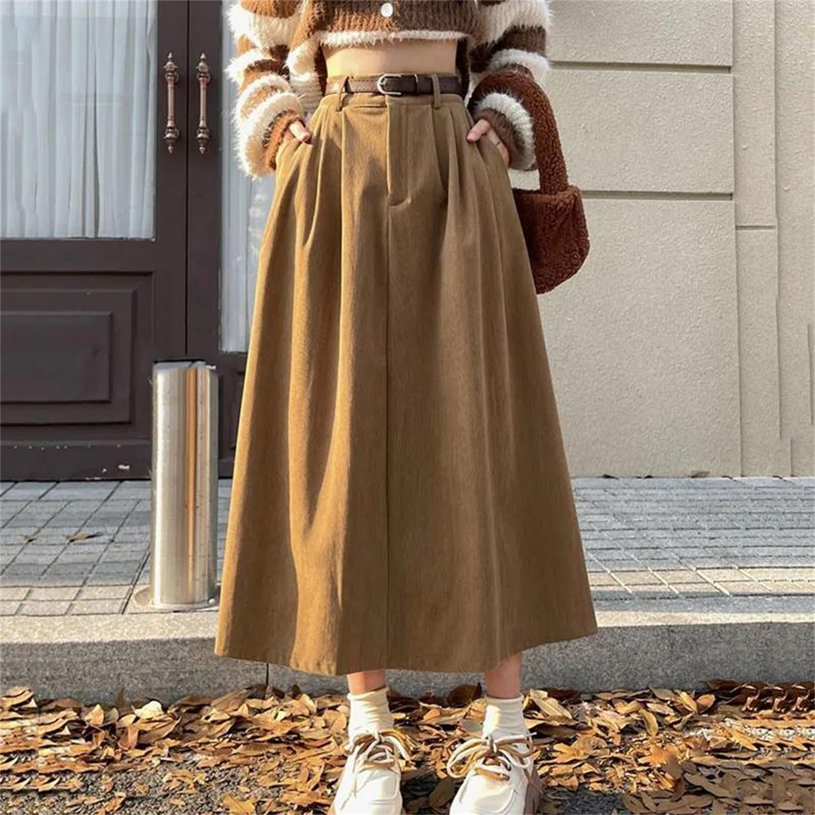 Donne Vintage Velluto A Coste Midi Gonne per le Donne A Vita Alta Pieghe A Line Gonne Femminili Inverno Casual Gonne