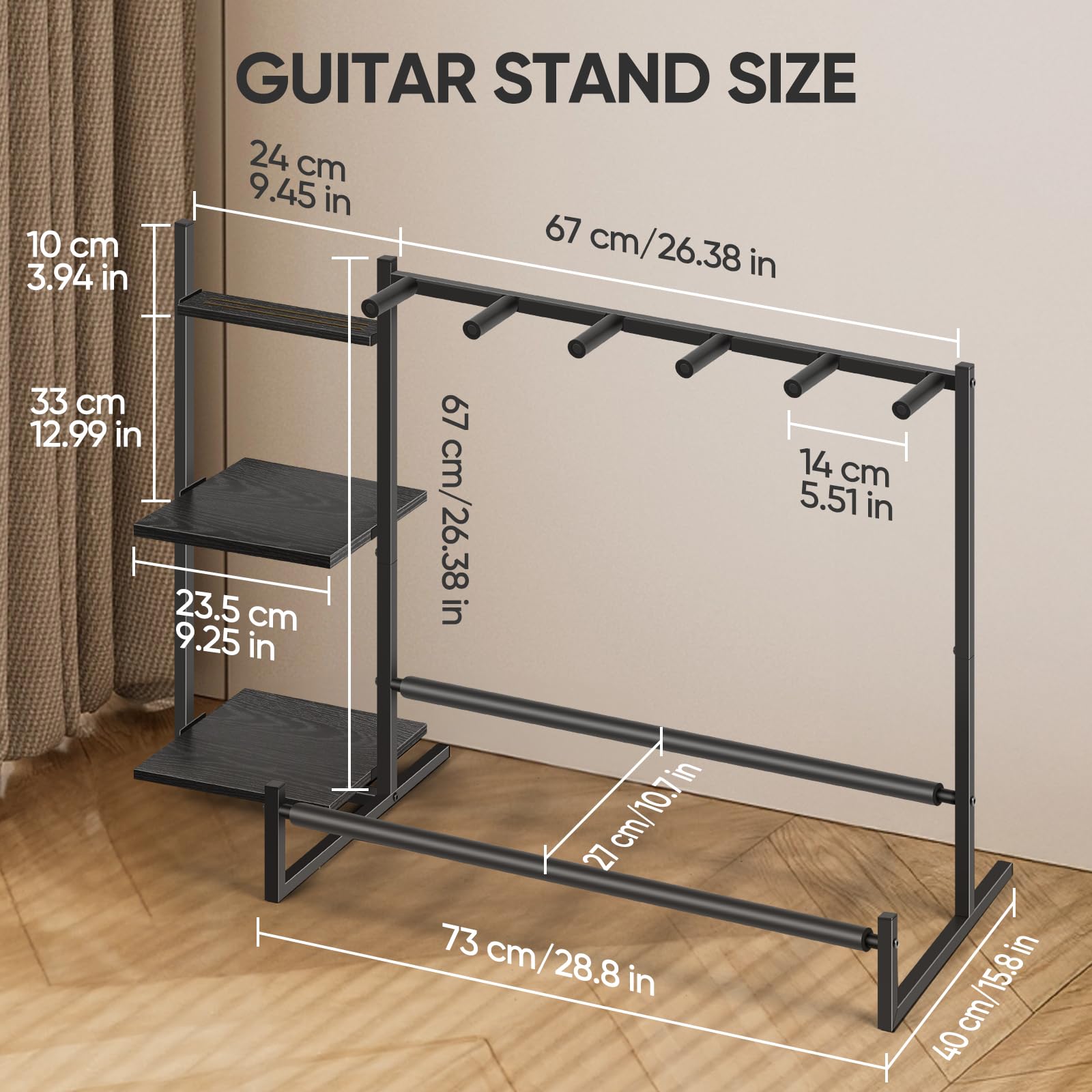 Gitarrenständer, Gitarrenhalter für 5 Saiteninstrumente, geeignet für Akustikgitarre, Bass, Gitarrenständer mit seitlichen Ablagen für Plattenspieler, mit rutschfesten Gummipads, Schwarz