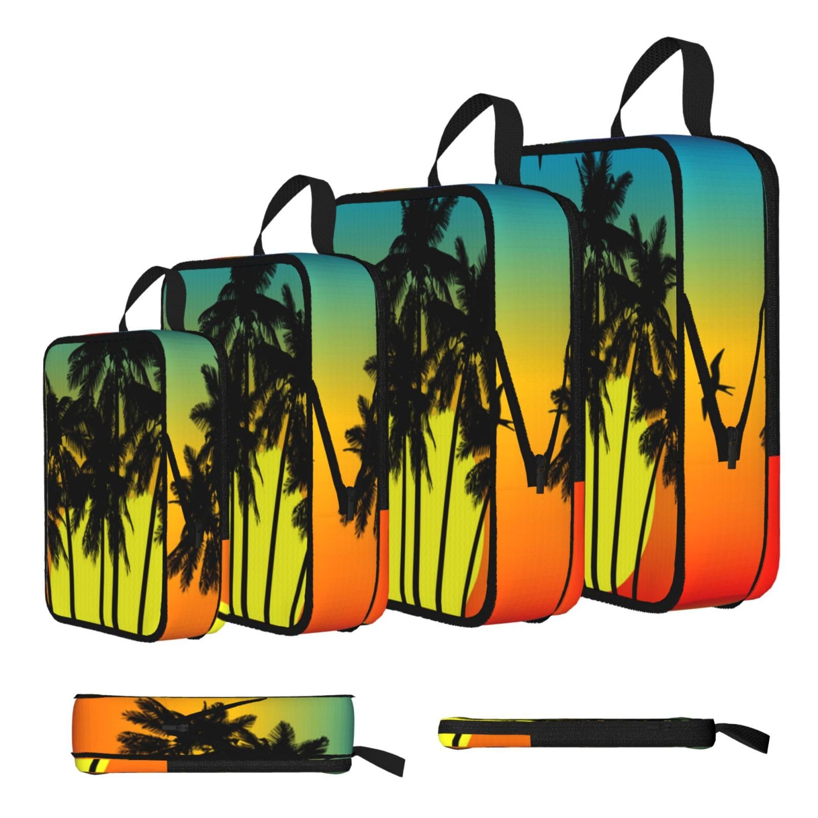 Esnaiuvcd Black Plam Tree Tropical Island At Sunset Print 4 Set Compression Packing Cubes For Suitcases,Expandable Storage Bags Organizers
