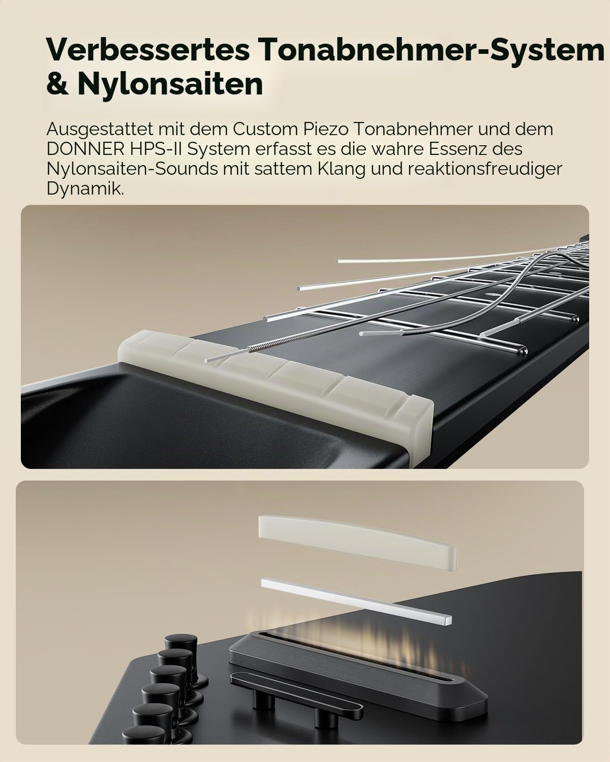 Donner HUSH-C Nylon-Saiten Reisegitarre, Akustik-Elektrik Gitarre, Ultraleichte Silent-Gitarre für leises Üben, mit Kopfhöreranschluss, integriertem Stimmgerät & Tasche, Schwarz