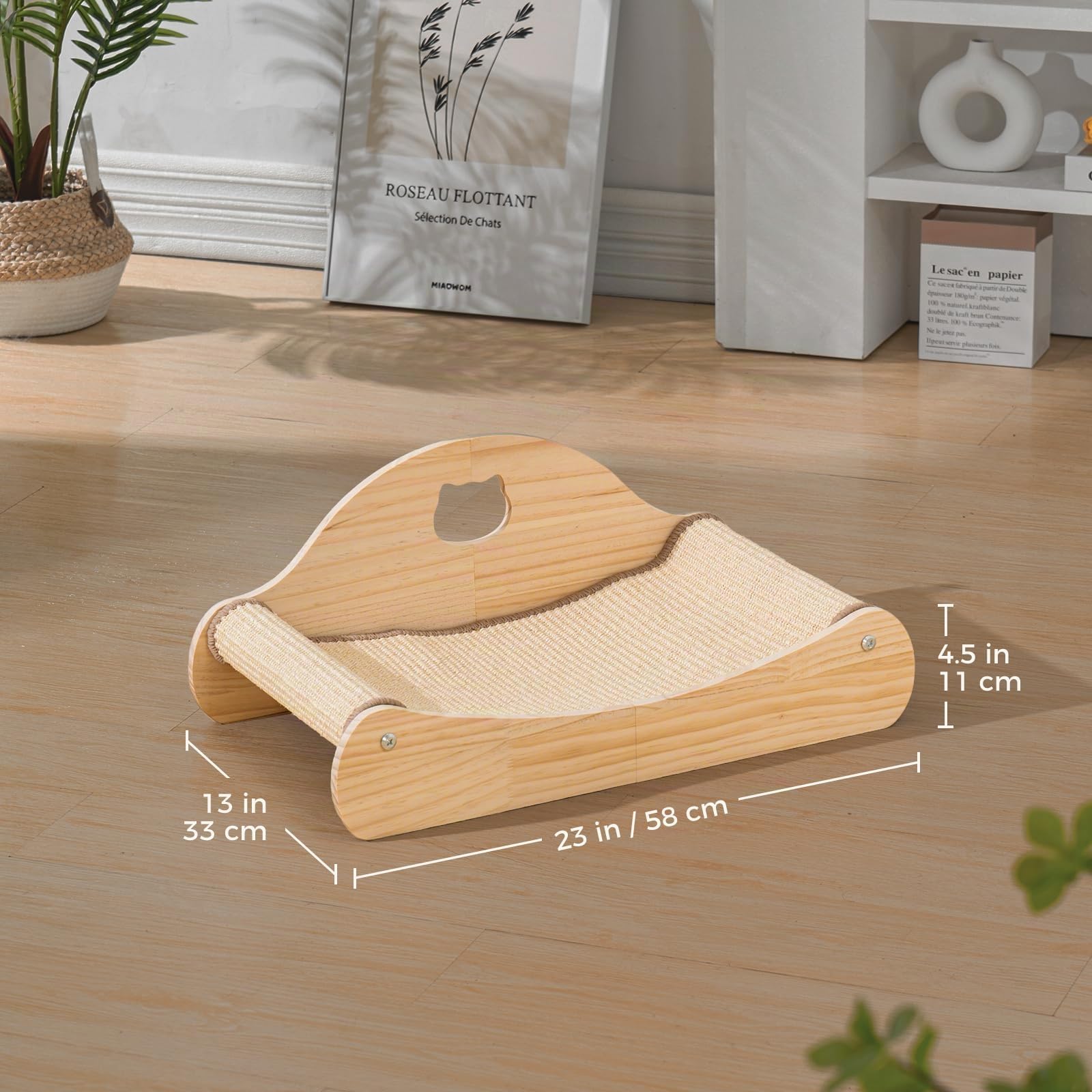 Avont Cama para Gatos Rascadora 2 En 1 De Sisal Natural, Tumbona De Madera Maciza Resistente, Sofá Rascador Sin Ensuciar para Gatos De Interior, Protector De Muebles, Tamaño Grande 58 Cm | Rascador horizontal sin ensuciar, grande