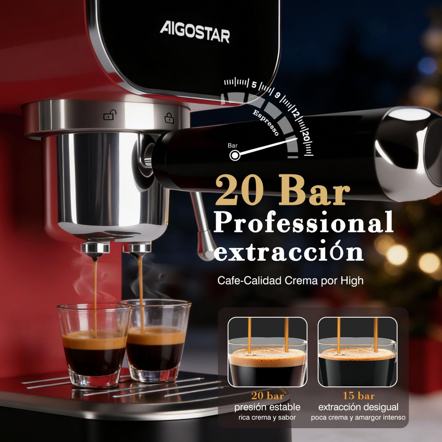 Aigostar Cafetera Espresso 20 Bares para Cápsulas y Café Molido Inox, Rojo | Panel táctil, espumador de leche, 1 o 2 tazas, depósito de 0,9 L, 1350 W, ideal para espresso, capuccino y latte