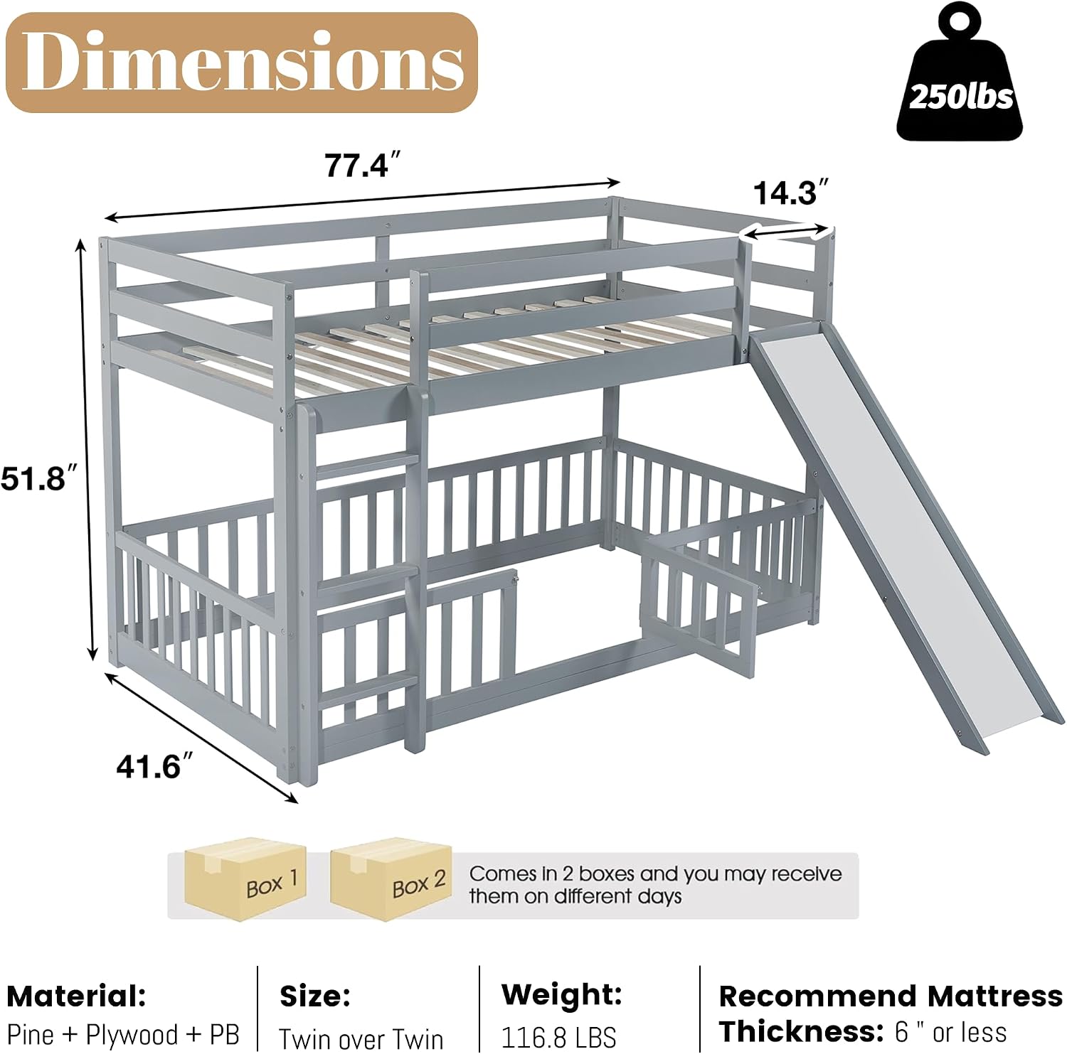 Low Bunk Beds Twin Over Twin for Kids, Wood Twin Bunk Bed with Slide, Fence and Ladder, Floor Bunk Beds for Girls Boys, Grey