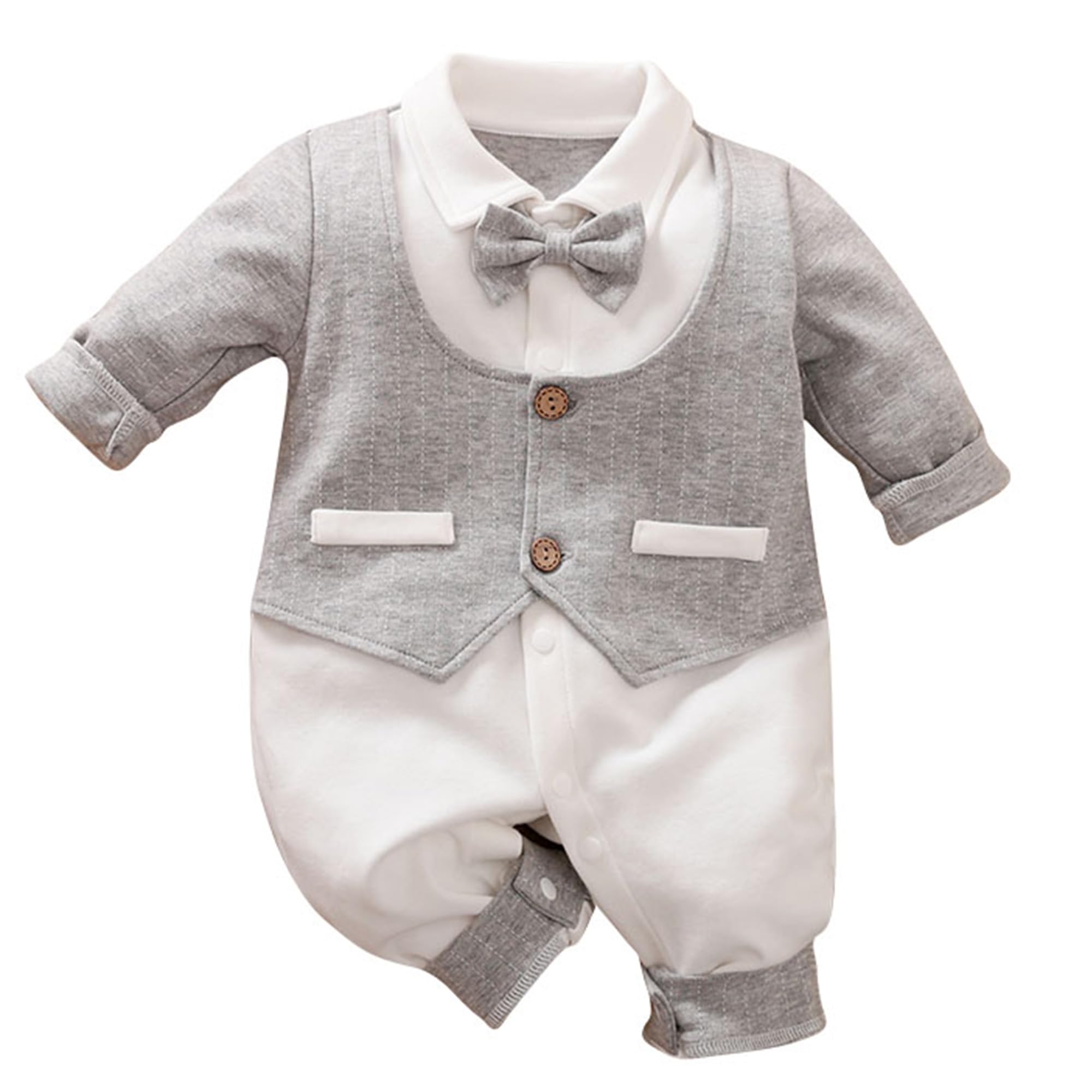 HUAANIUE Newborn Baby Boys Gentleman Romper One Piece Long Sleeve Bowtie Outfit Formal Wear Tuxedo Suit